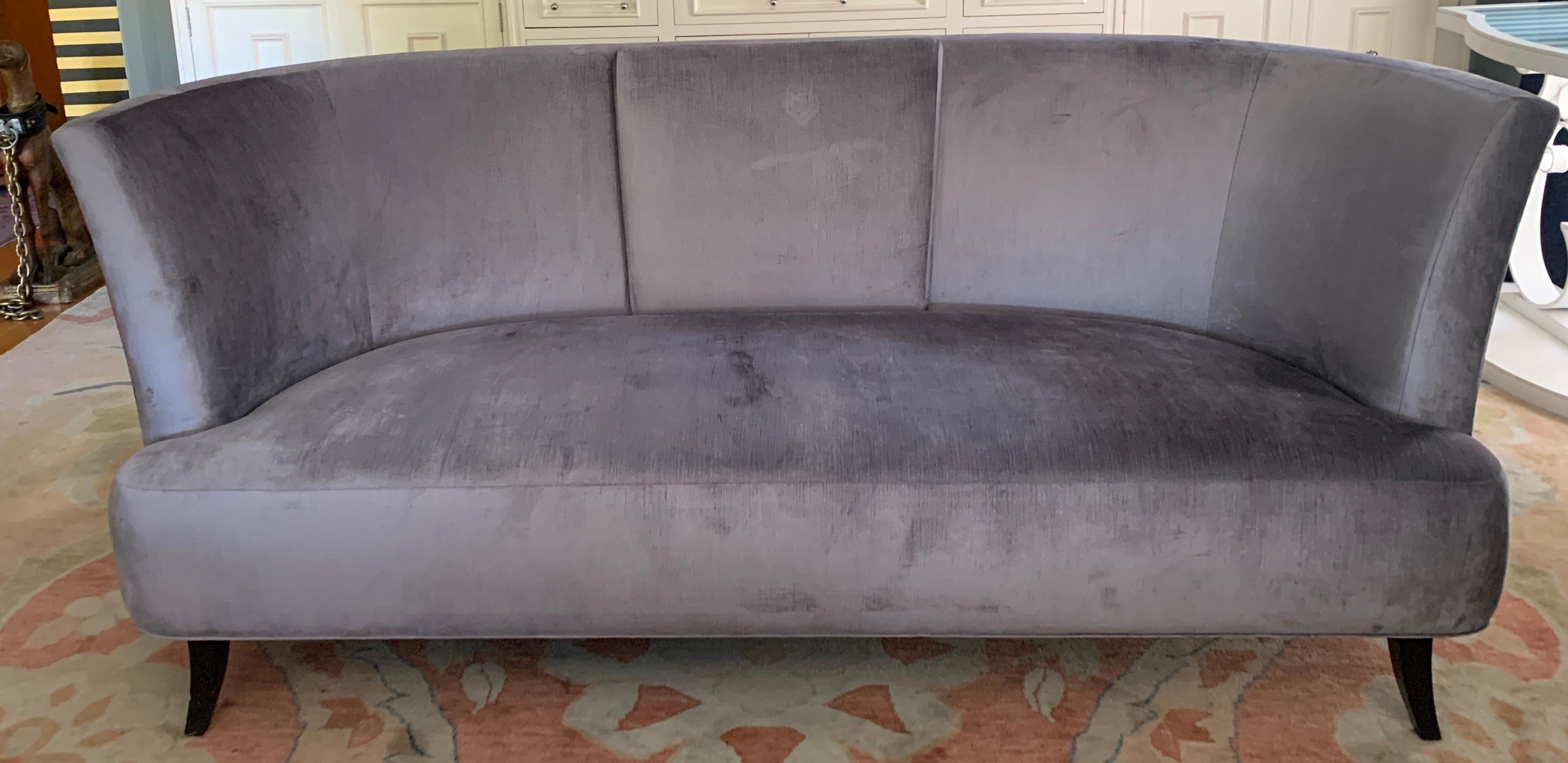 Hand-Crafted Grey Velvet Sofa with Back Detailing For Sale