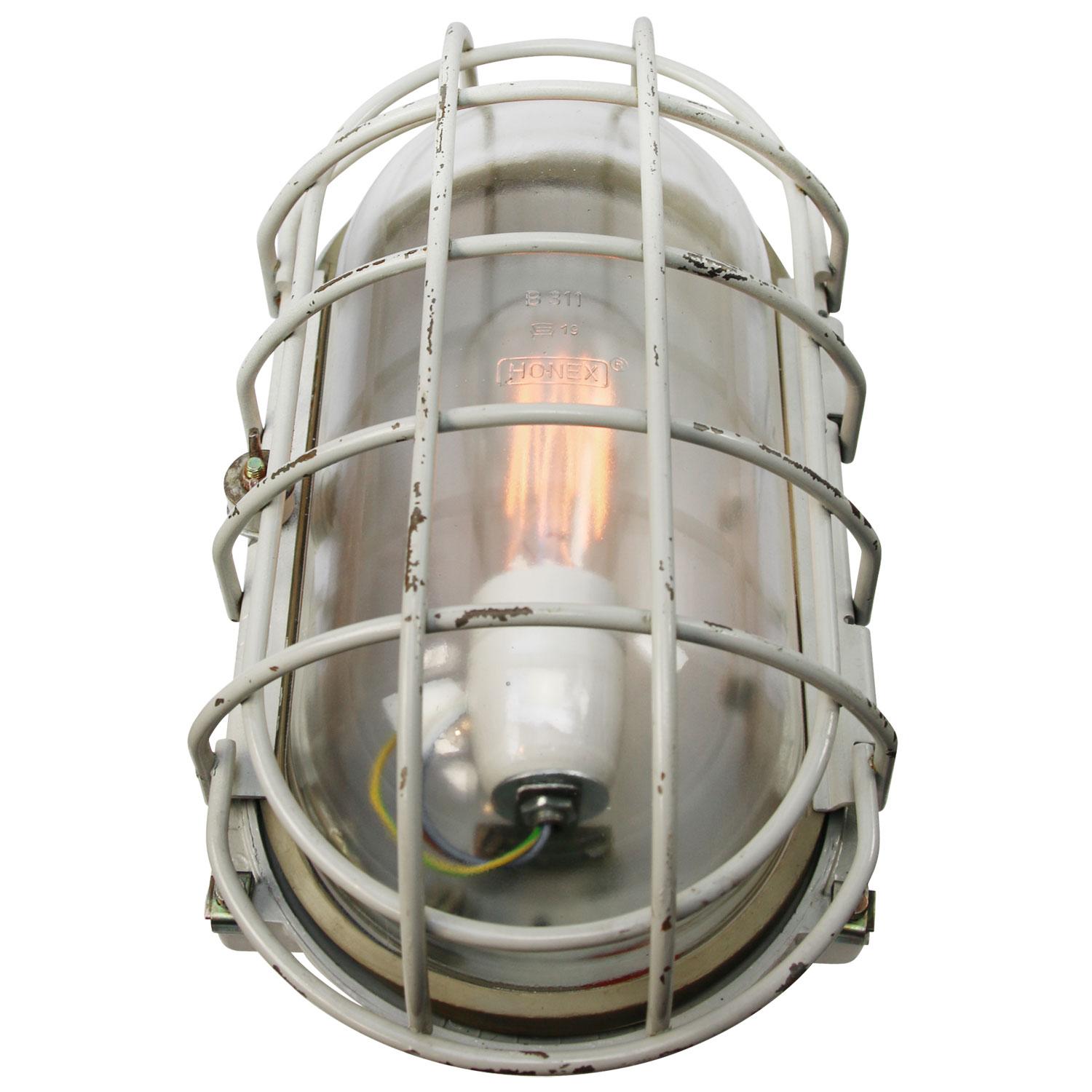 German Gray Vintage Industrial Cast Aluminum Clear Glass Wall Ceiling Lamp Scones For Sale