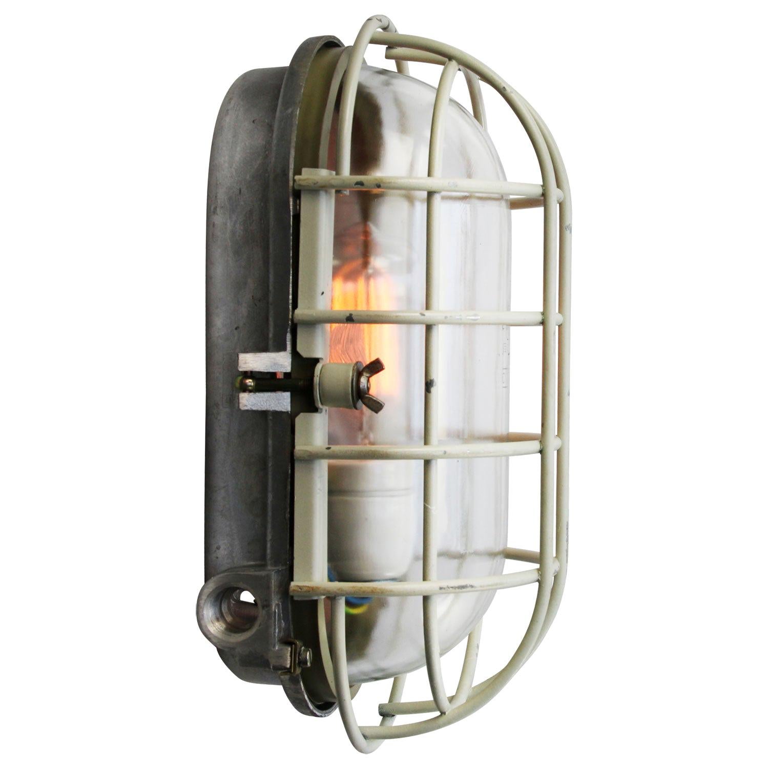 Gray Vintage Industrial Cast Aluminum Clear Glass Wall Ceiling Lamp Scones For Sale