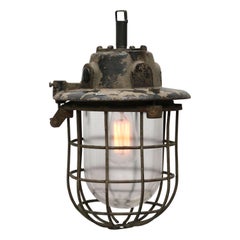 Gray Vintage Industrial Cast Iron Clear Glass Cage Hanging Lamp