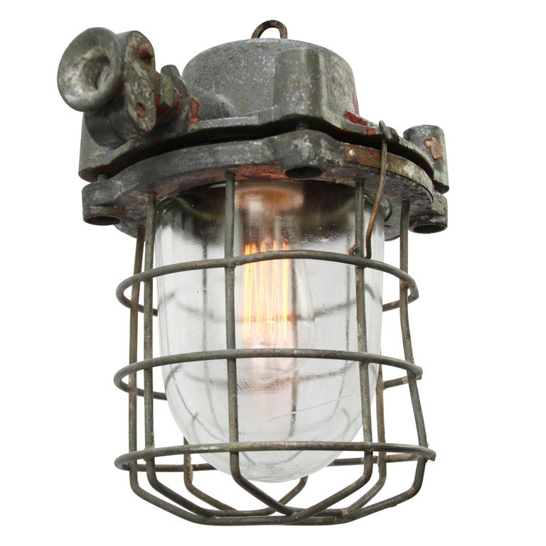 Gray Vintage Industrial Clear Glass Factory Pendant Light For Sale at