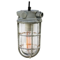 Lampes à suspension industrielles grises vintage en verre transparent par Industria Rotterdam