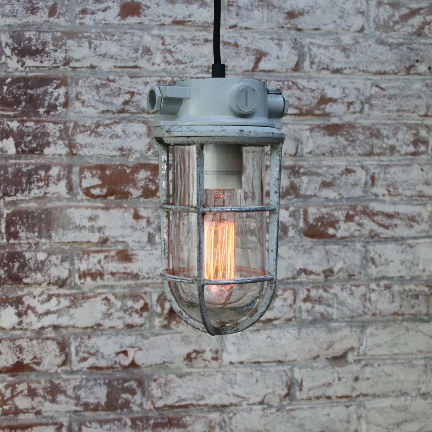 Gray Vintage Industrial Clear Glass Pendant Lights In Good Condition In Amsterdam, NL