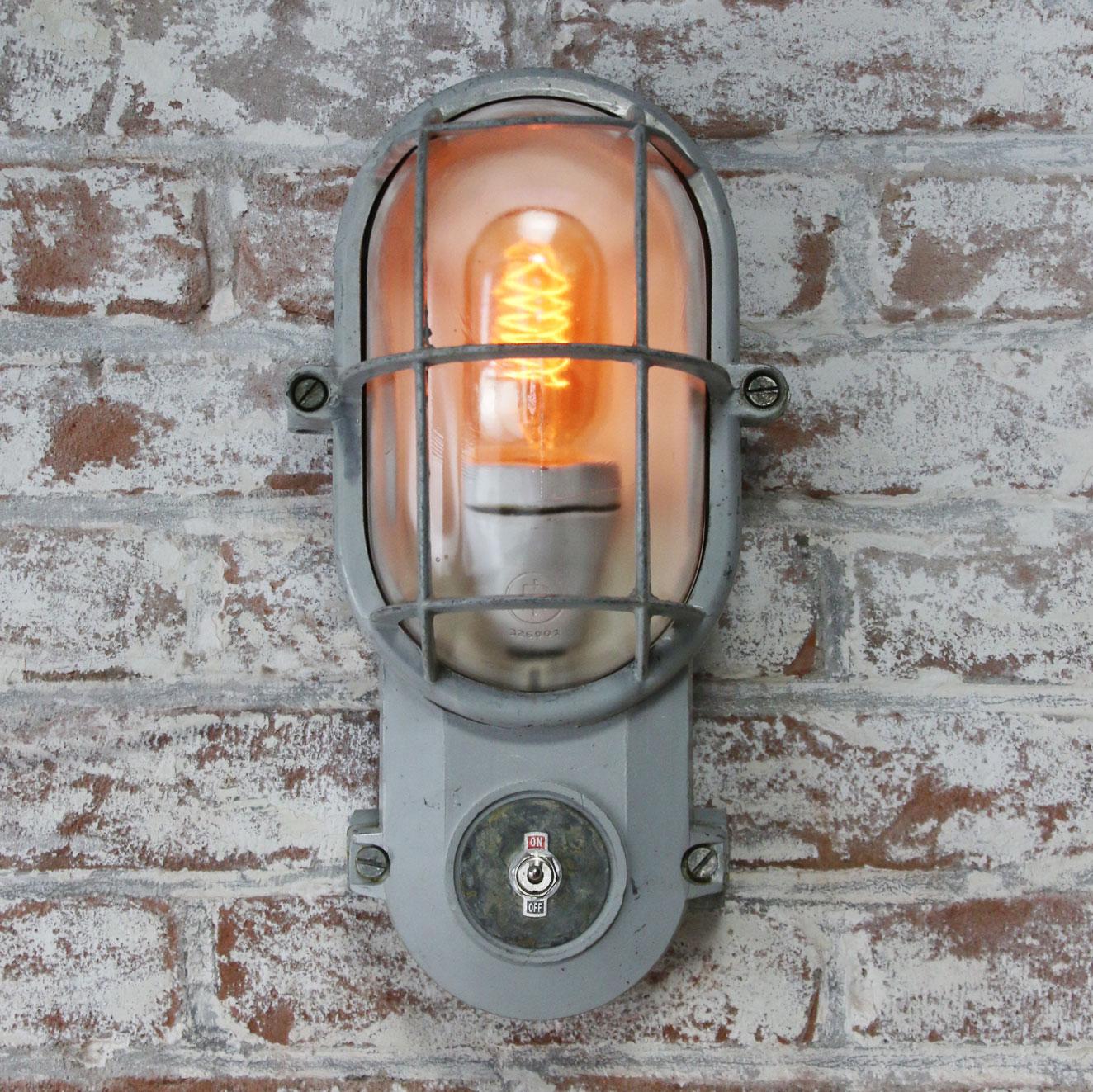Aluminum Gray Vintage Industrial Clear Glass Wall Lamp Scones For Sale