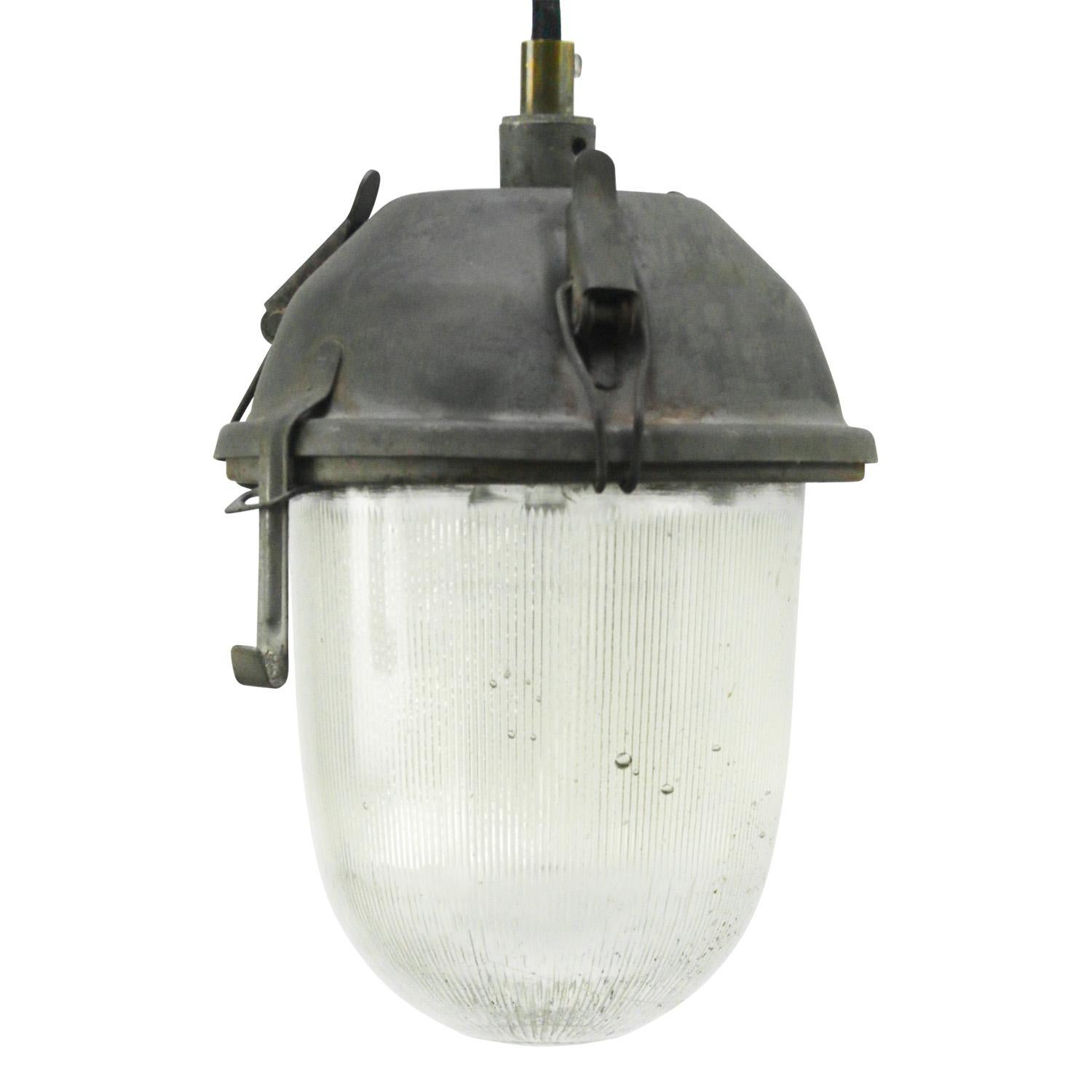 Gray Vintage Industrial Clear Striped Glass Pendant Light In Good Condition For Sale In Amsterdam, NL