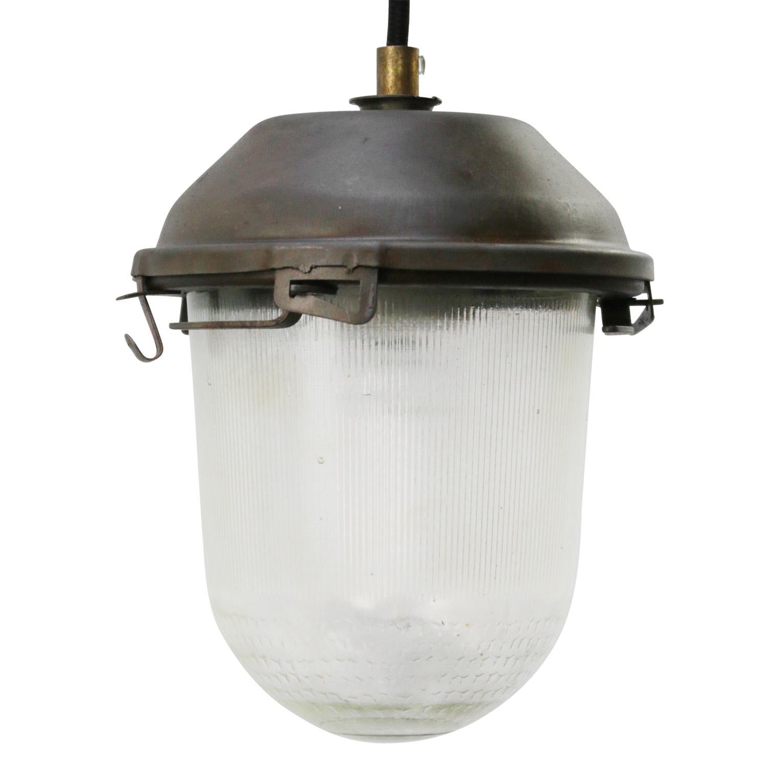 Gray Vintage Industrial Clear Striped Glass Pendant Lights For Sale 1