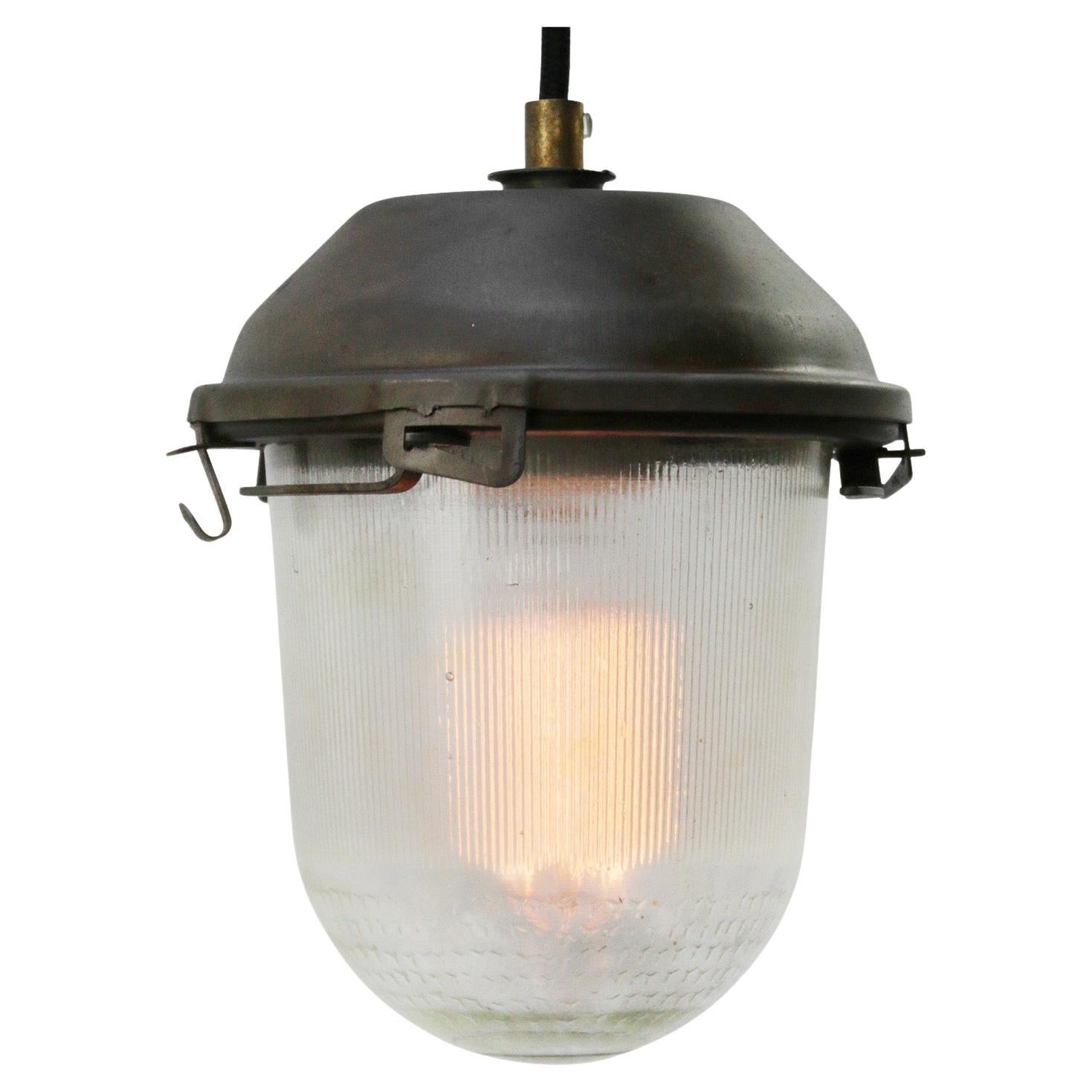 Gray Vintage Industrial Clear Striped Glass Pendant Lights For Sale