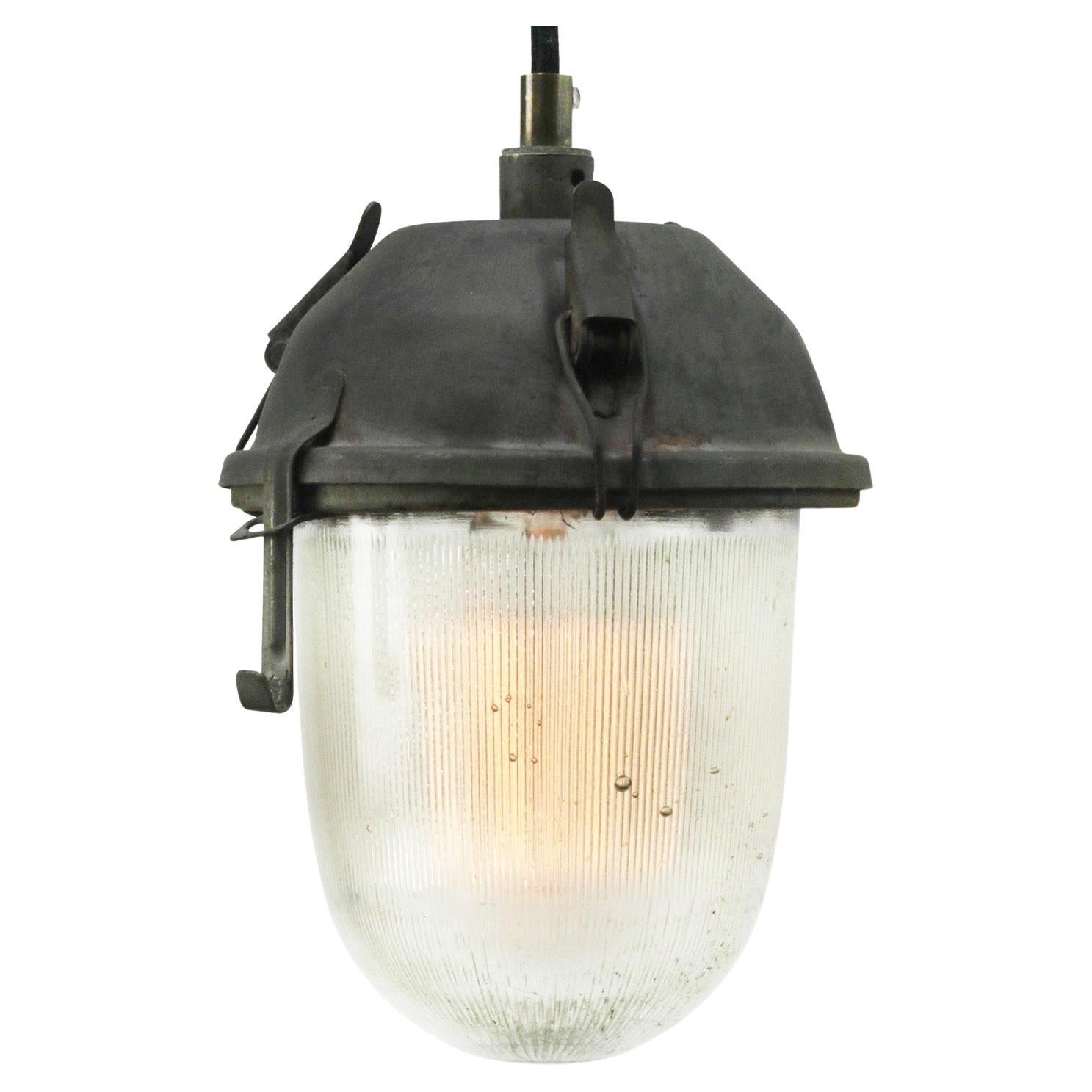 Gray Vintage Industrial Clear Striped Glass Pendant Light For Sale