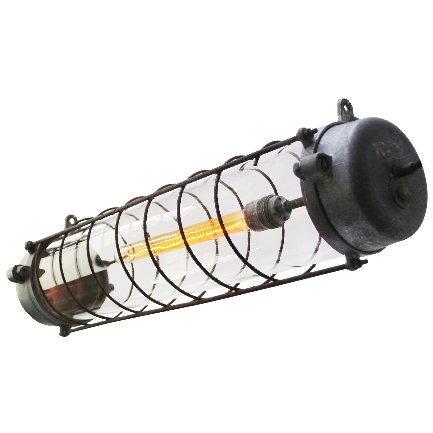 Hungarian Gray Vintage Industrial Metal Clear Glass Pendant Lights For Sale