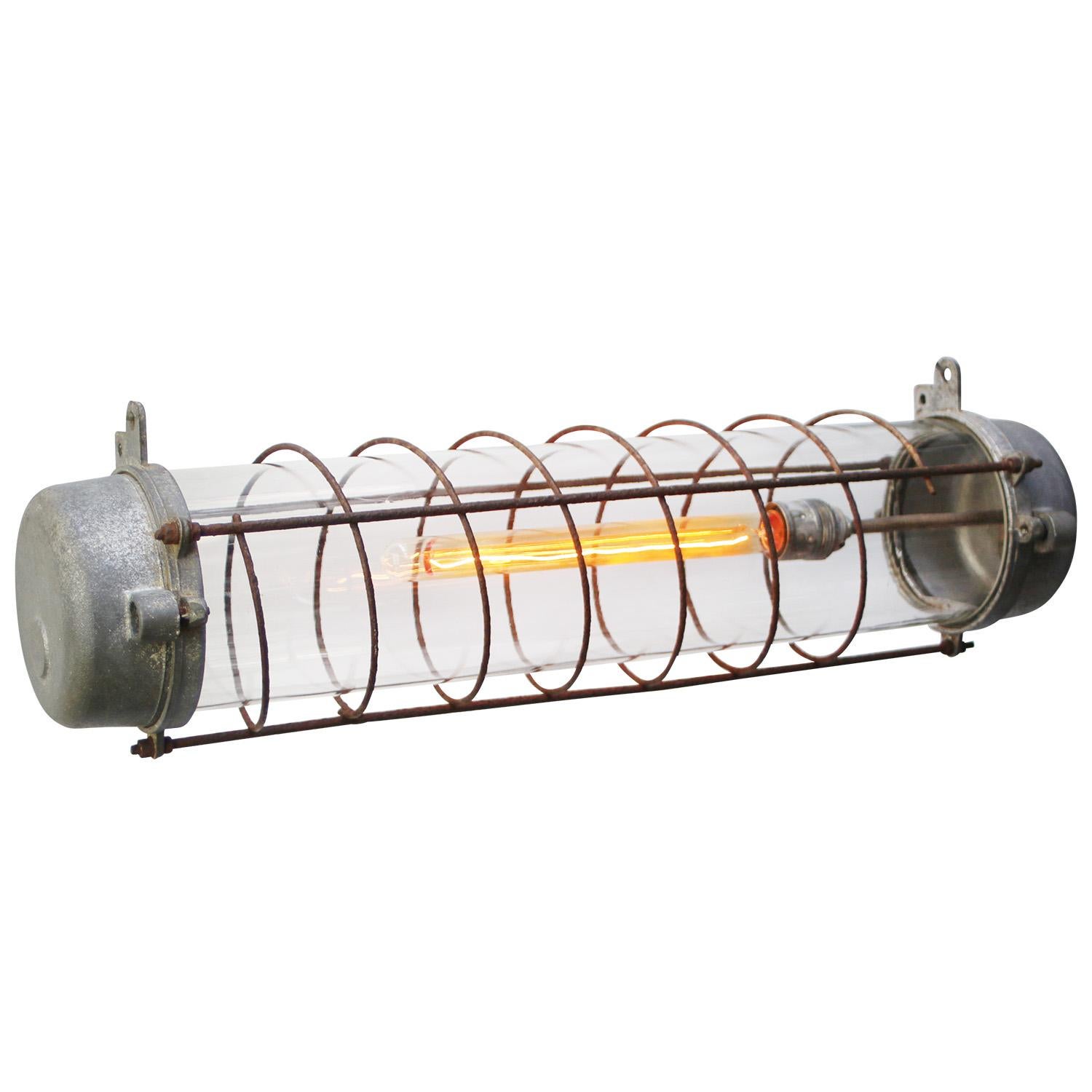 Cast Gray Vintage Industrial Metal Clear Glass Pendant Lights For Sale