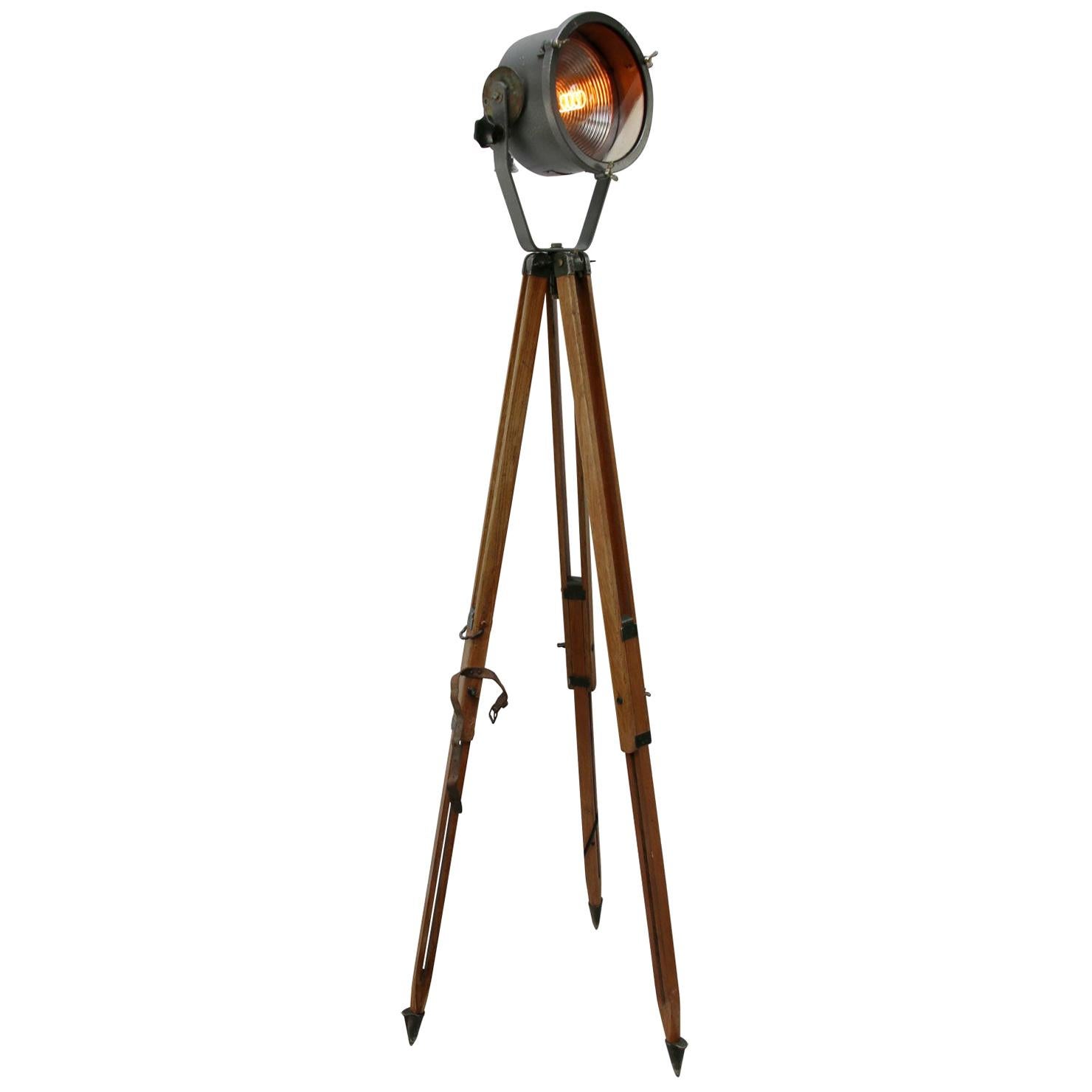 Gray Vintage Industrial Metal Mirror Wooden Tripod Floor Lamps