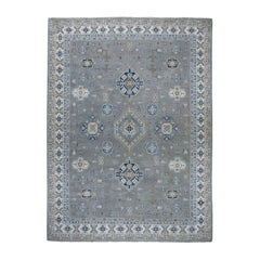Gray Vintage Look Kazak Geometric Design Hand Knotted Oriental Rug