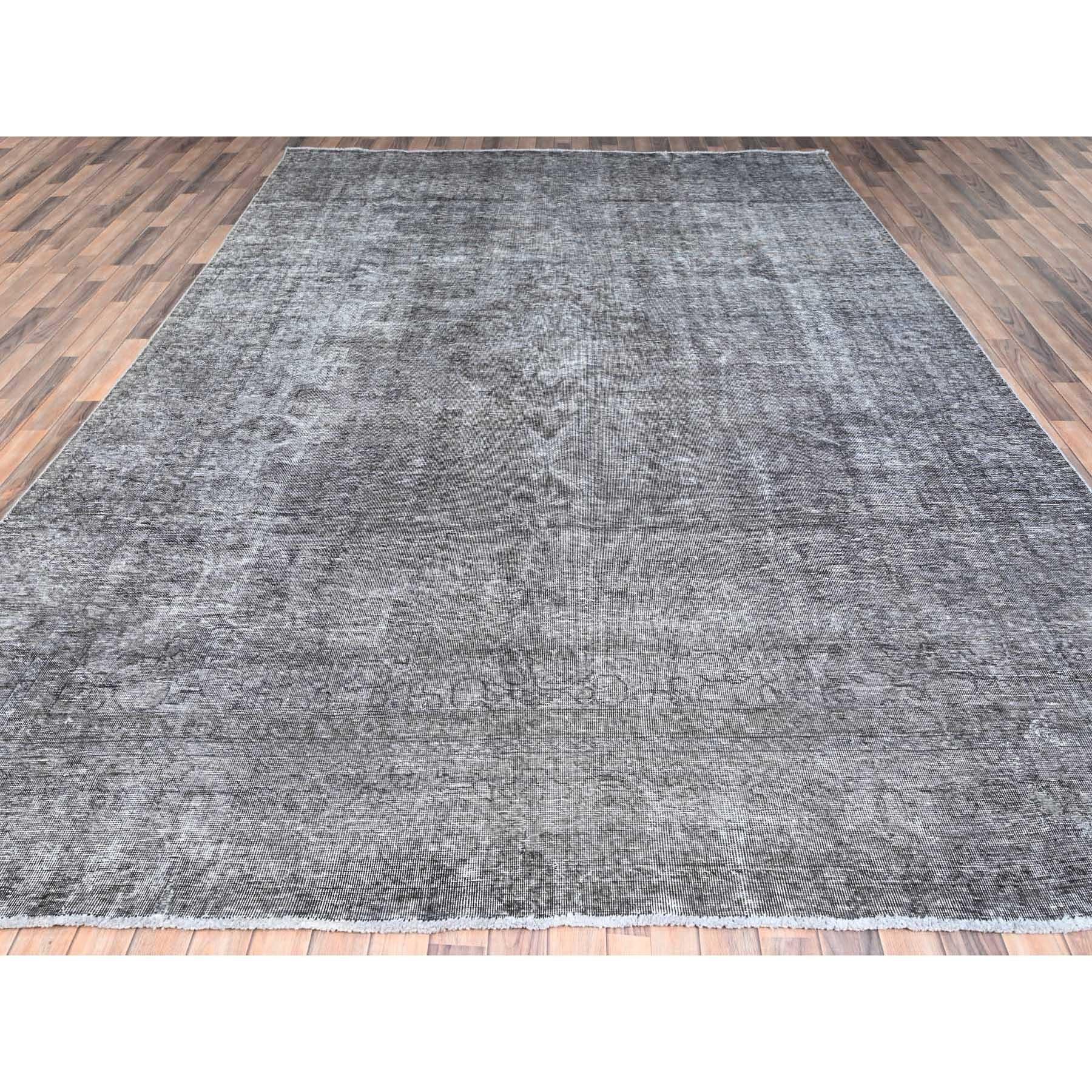 Hand-Knotted Gray Vintage Persian Tabriz Distressed Overdyed Worn Wool Hand Knotted Rug For Sale