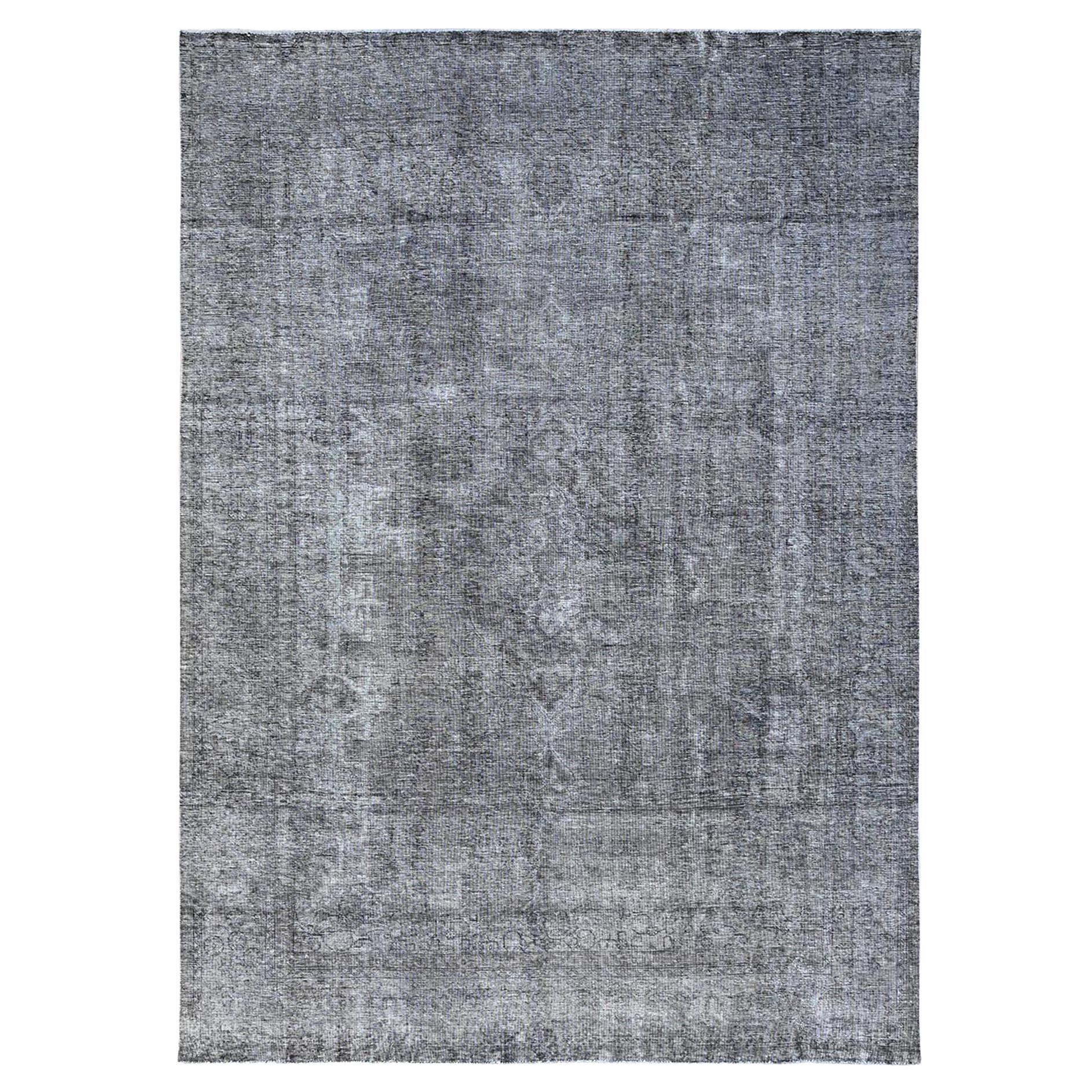 Gray Vintage Persian Tabriz Distressed Overdyed Worn Wool Hand Knotted Rug For Sale