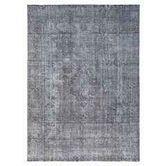 Gray Vintage Persian Tabriz Distressed Overdyed Worn Wool Hand Knotted Rug