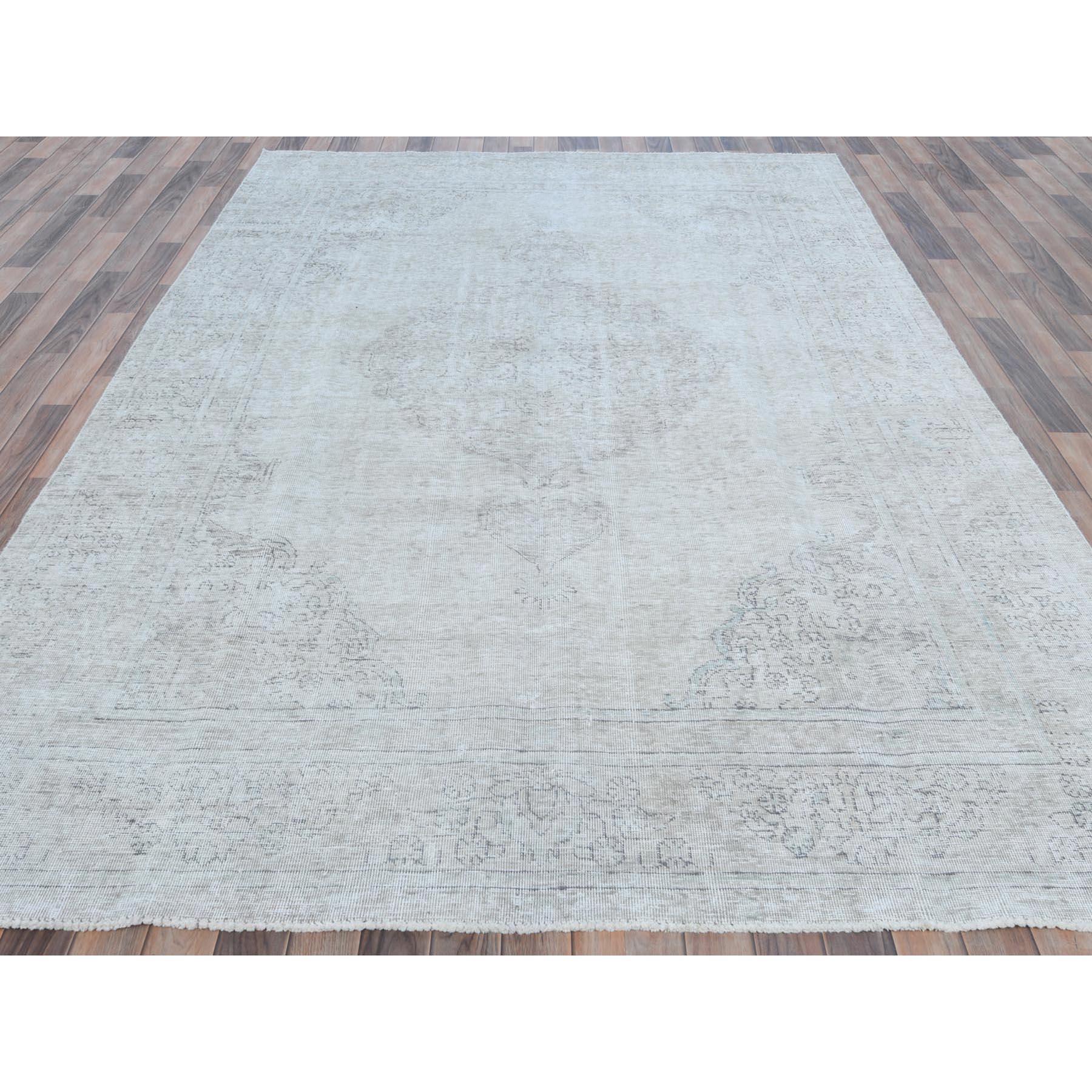 Hand-Knotted Gray Vintage Persian Tabriz Hand Knotted Worn Wool Cropped Thin Distressed Rug For Sale