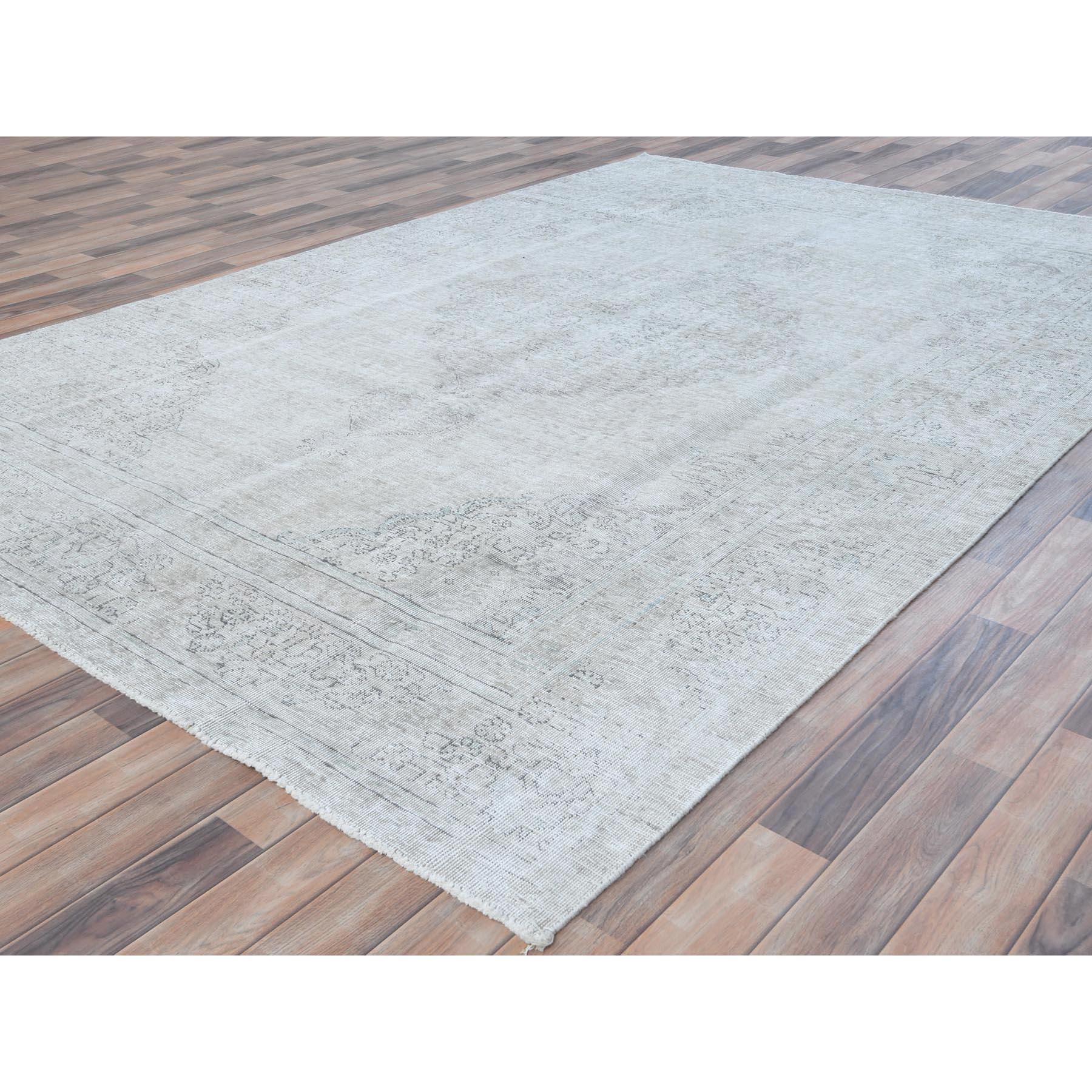 Gray Vintage Persian Tabriz Hand Knotted Worn Wool Cropped Thin Distressed Rug In Good Condition For Sale In Carlstadt, NJ