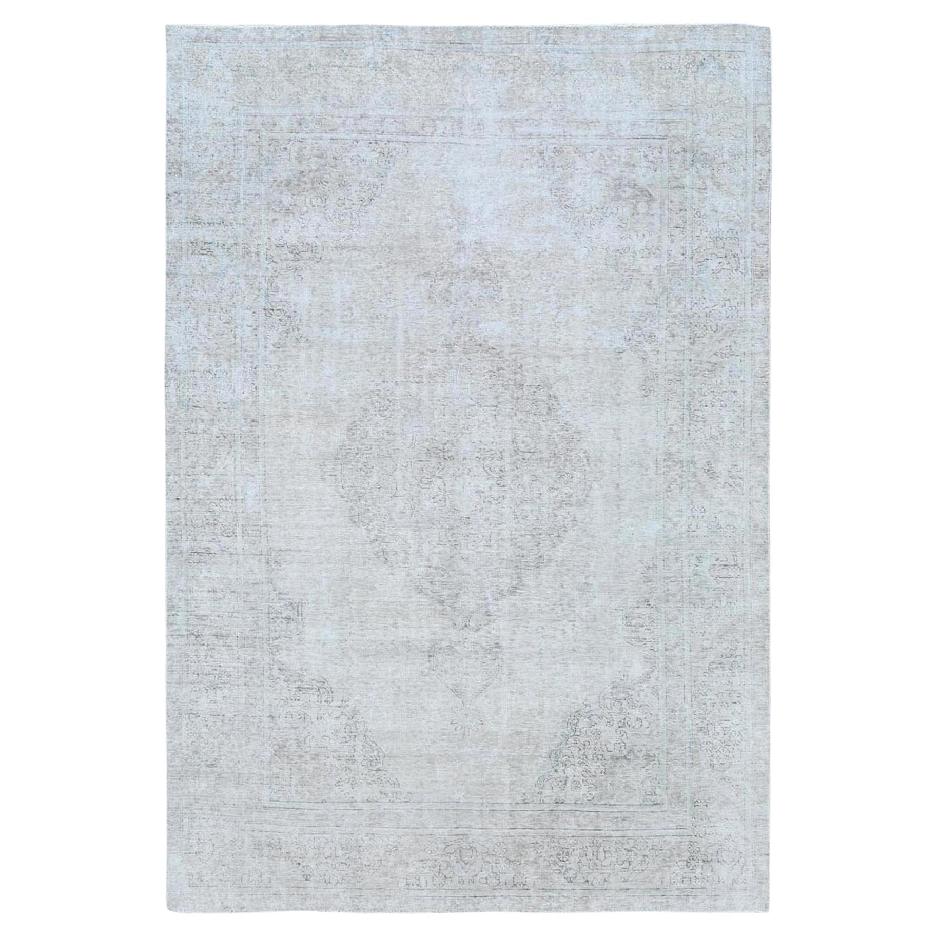 Gray Vintage Persian Tabriz Hand Knotted Worn Wool Cropped Thin Distressed Rug For Sale
