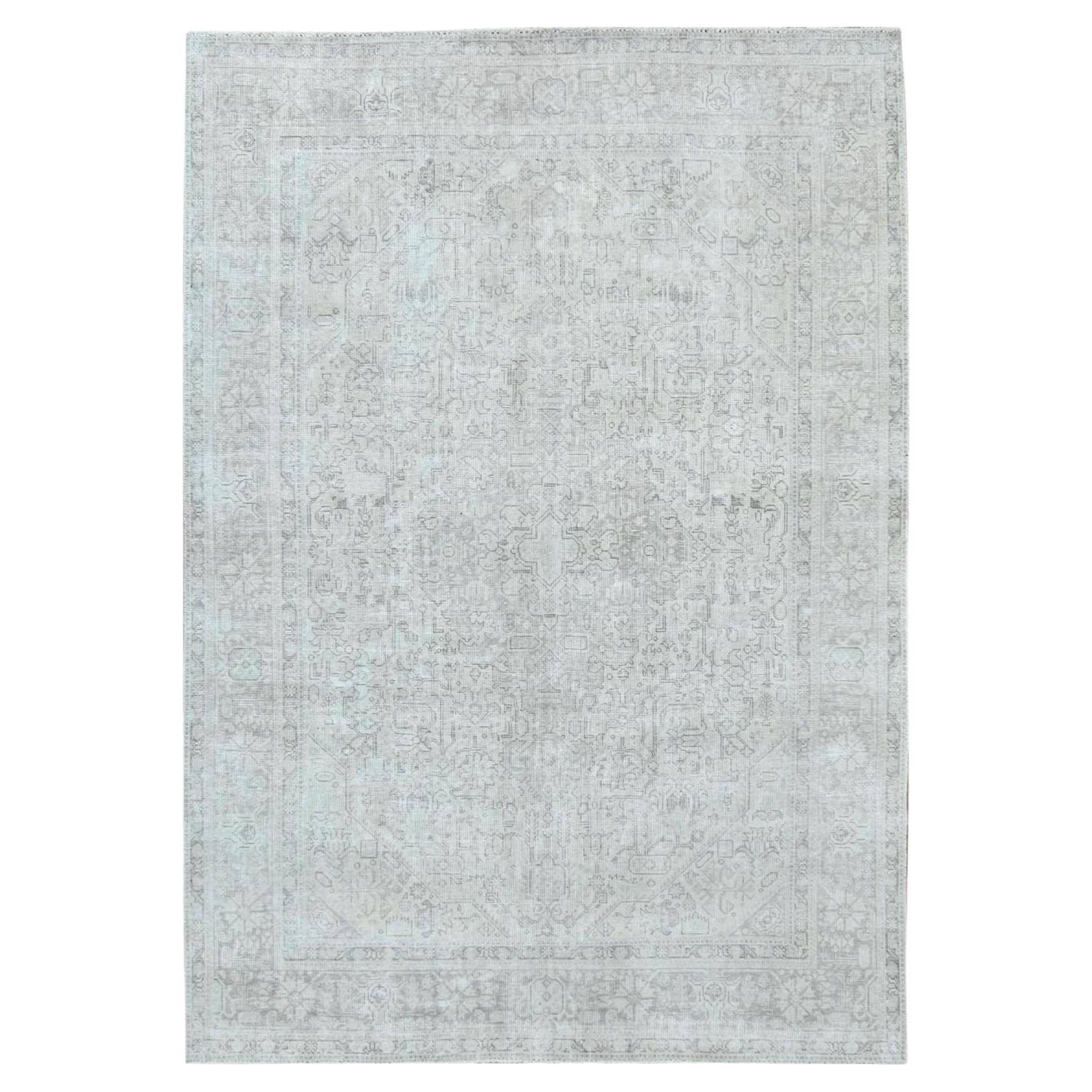 Grey Vintage Persian Tabriz Hand Knotted Worn Wool Distressed Shabby Chic Rug For Sale