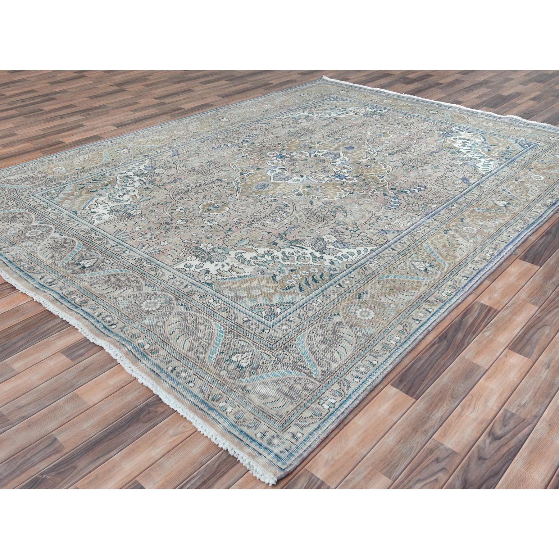 Hand-Knotted Gray Vintage Persian Tabriz Worn Wool Cropped Thin Hand Knotted Distressed Rug For Sale