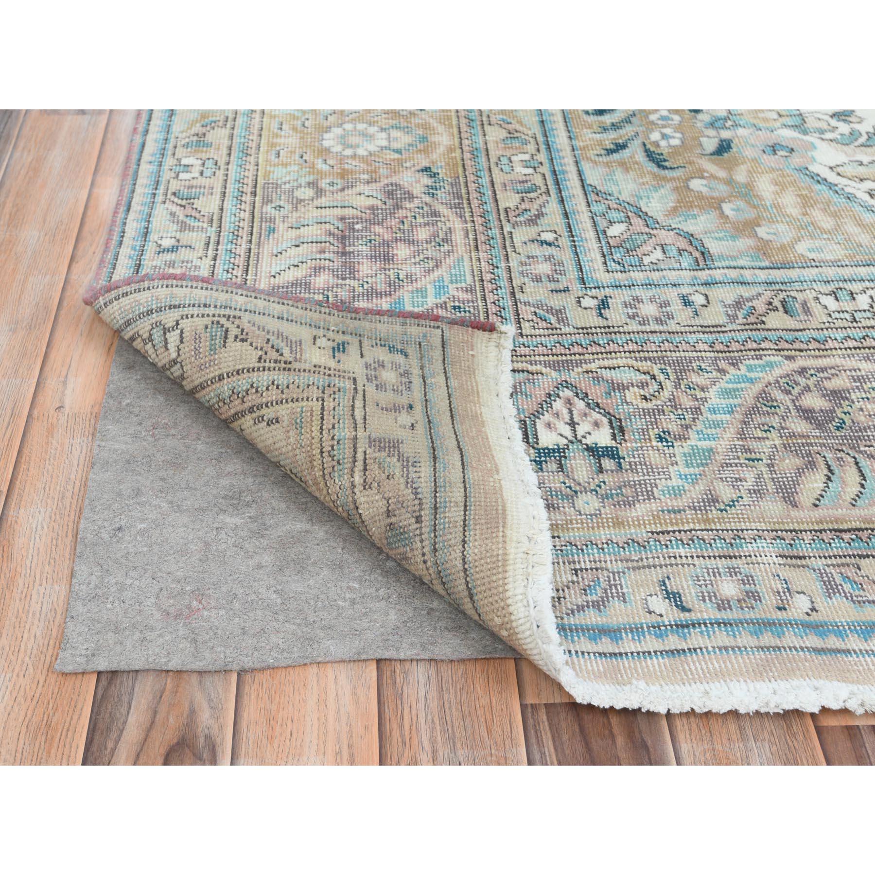Gray Vintage Persian Tabriz Worn Wool Cropped Thin Hand Knotted Distressed Rug In Good Condition For Sale In Carlstadt, NJ
