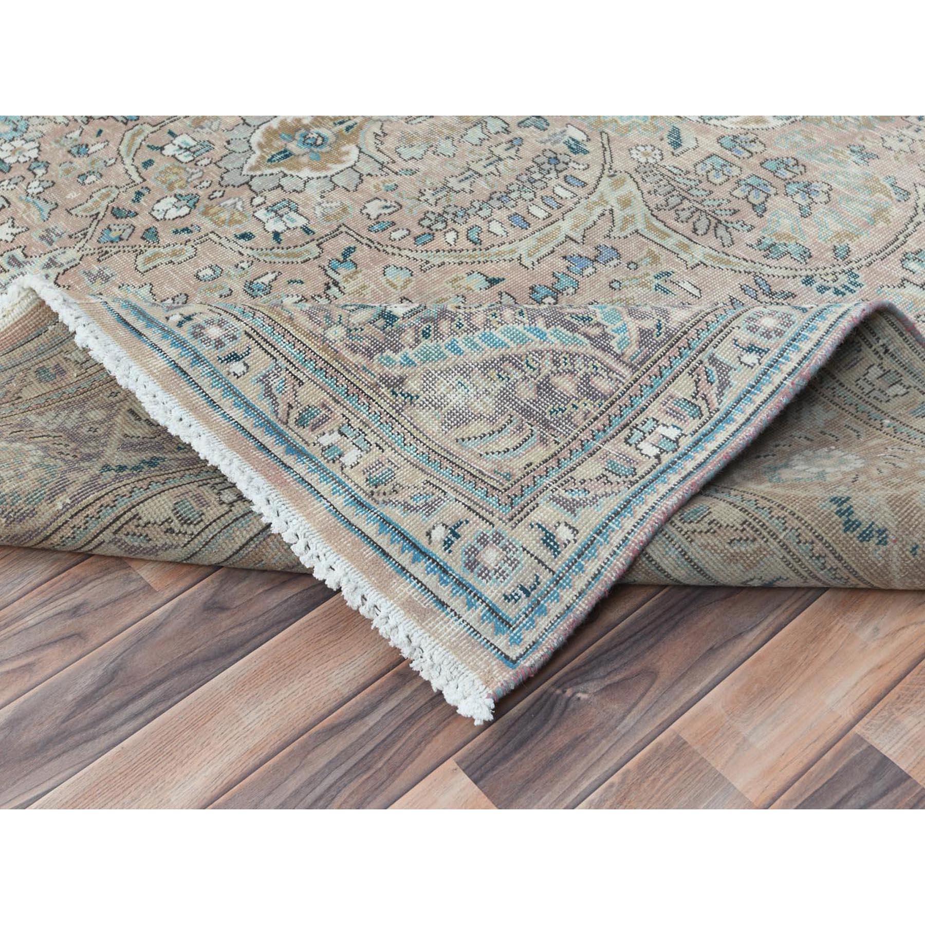 Gray Vintage Persian Tabriz Worn Wool Cropped Thin Hand Knotted Distressed Rug For Sale 1