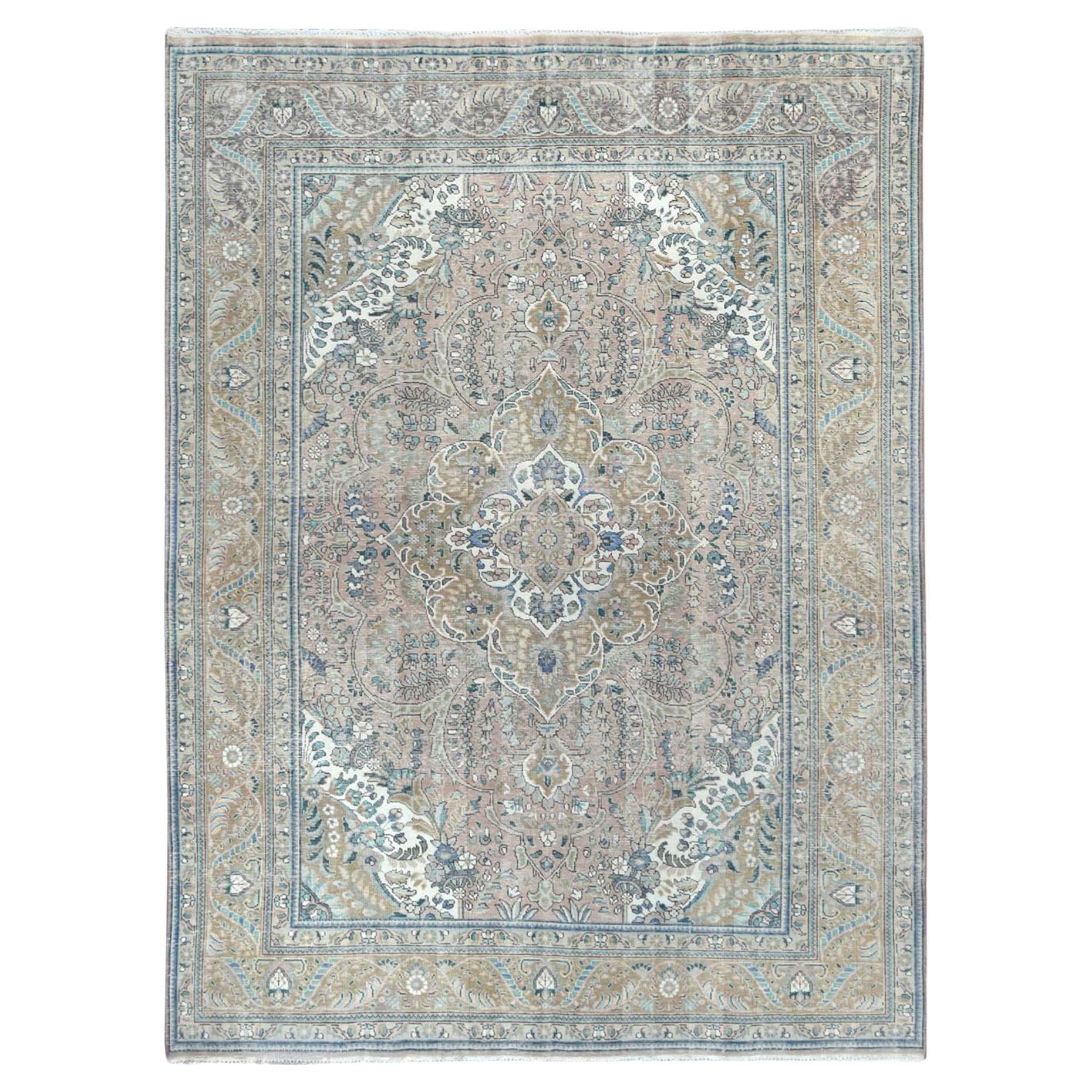 Gray Vintage Persian Tabriz Worn Wool Cropped Thin Hand Knotted Distressed Rug For Sale