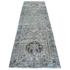 Gray Vintage Worn Down Runner Persian Karajeh Hand Knotted Pure Wool Rug