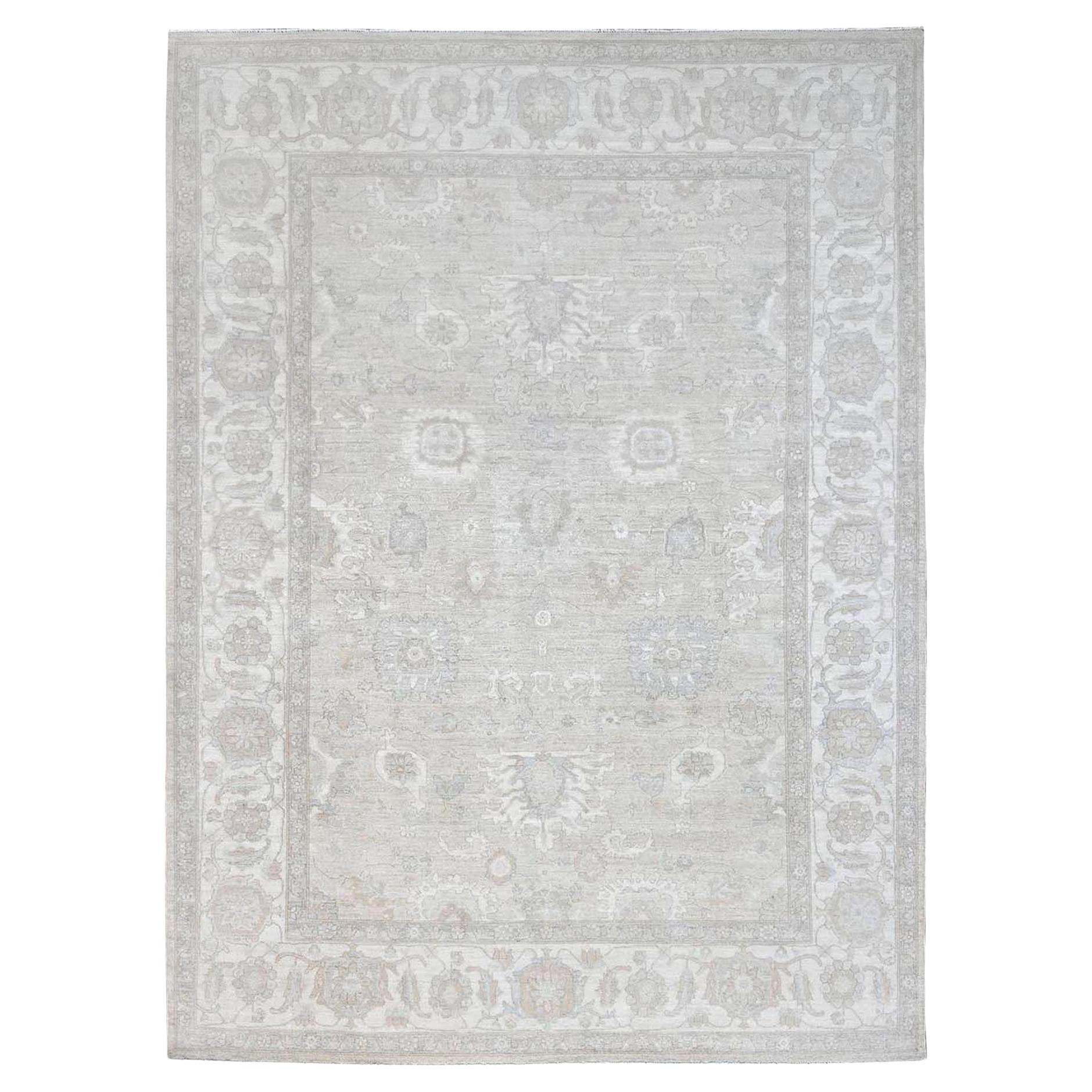 Geometrischer handgeknüpfter Peshawar Chobi-Wollteppich in Grau, Weiß und Weiß gewaschen 8'11" x 11'10"