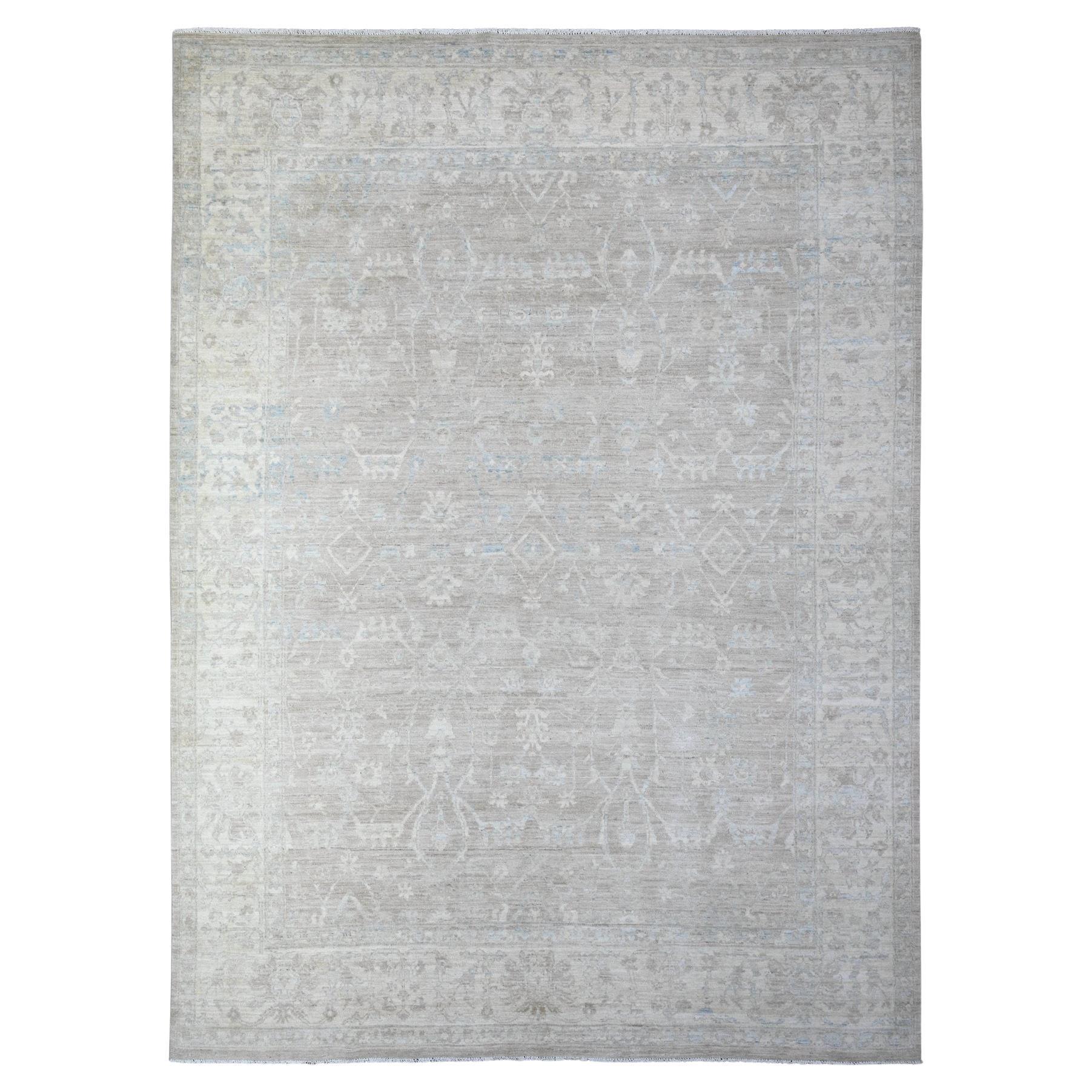 Gray White Wash Peshawar Mahal Design Wool Hand Knotted Oriental Rug 8'9"x11'10" For Sale
