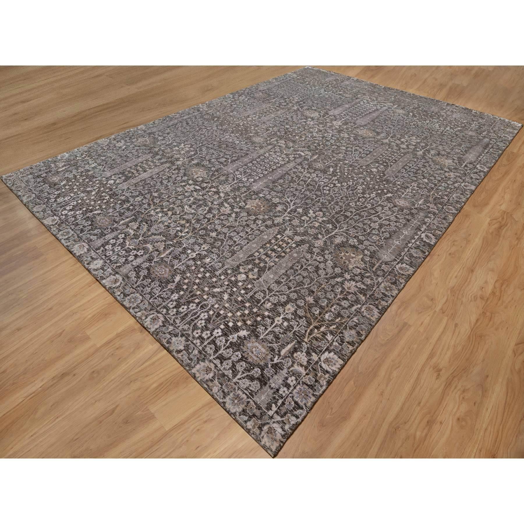 Handgeknüpfter Teppich aus Wolle und Seide in Grau mit Weide und Zypressenbaummuster 9'9