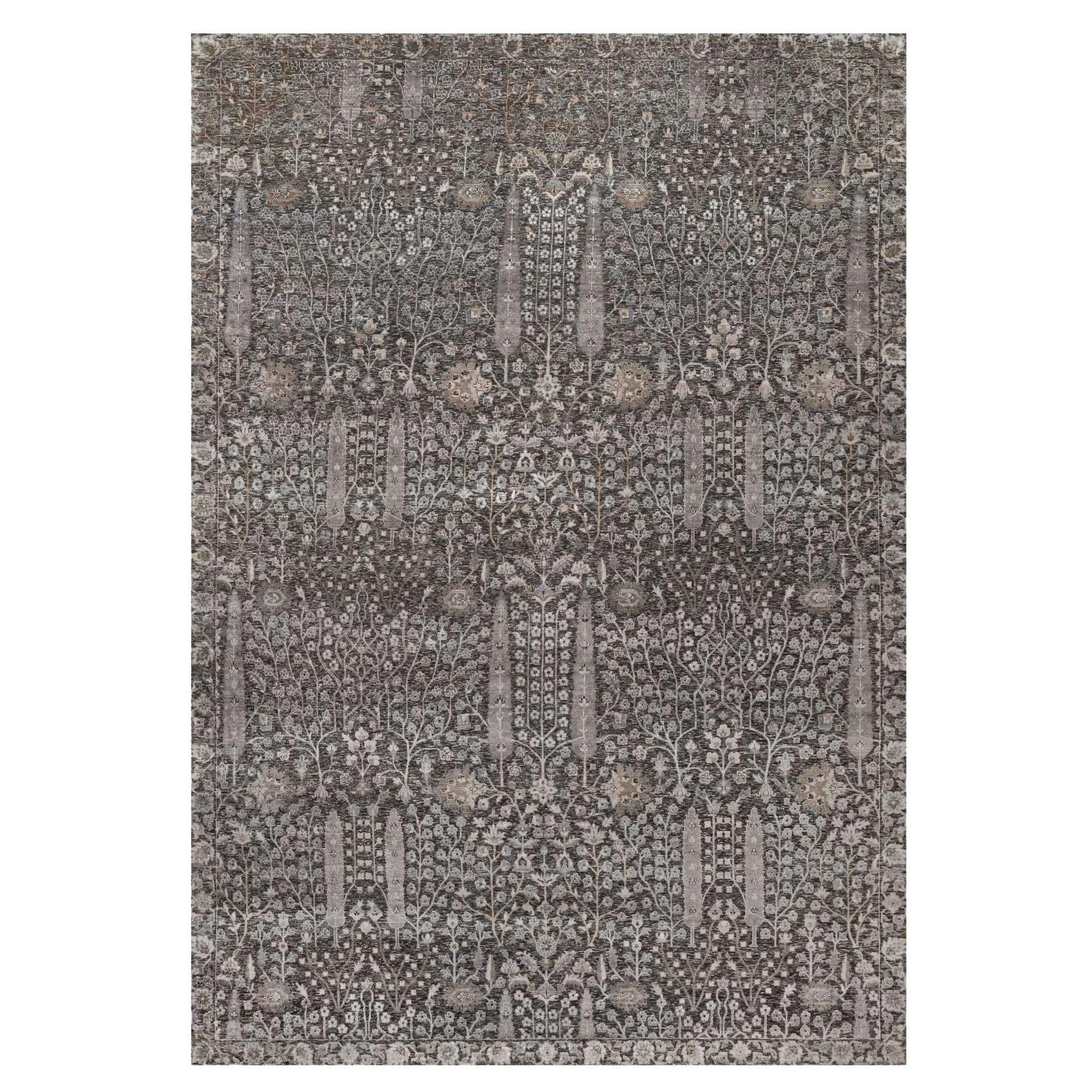 Tapis noué à la main gris à motif de saule et d'arbre de cyprès 9'9" x 14'2"