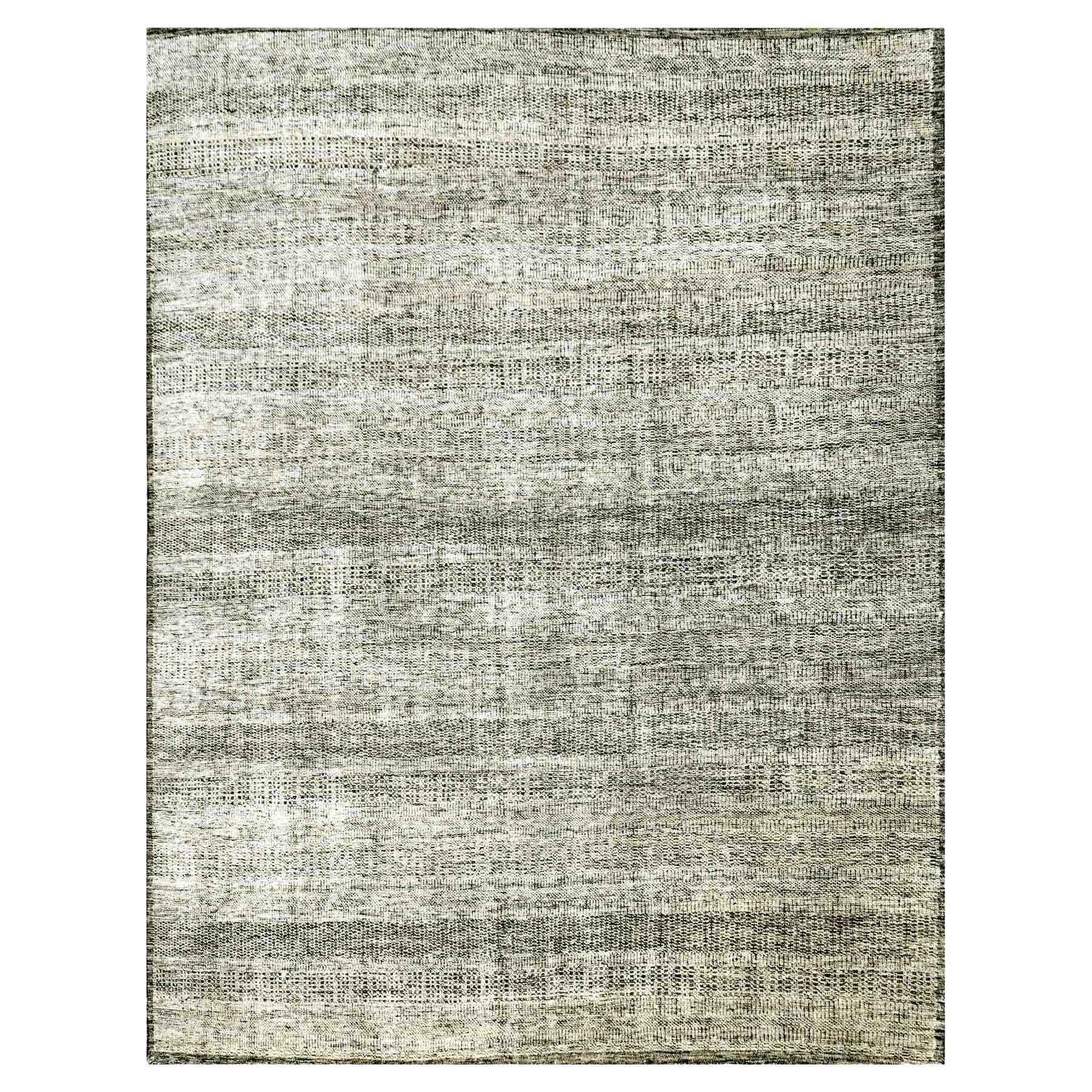 Tappeto grigio con disegno di erba ossidata nera in pura lana annodato a mano 12'2" x 15'0"