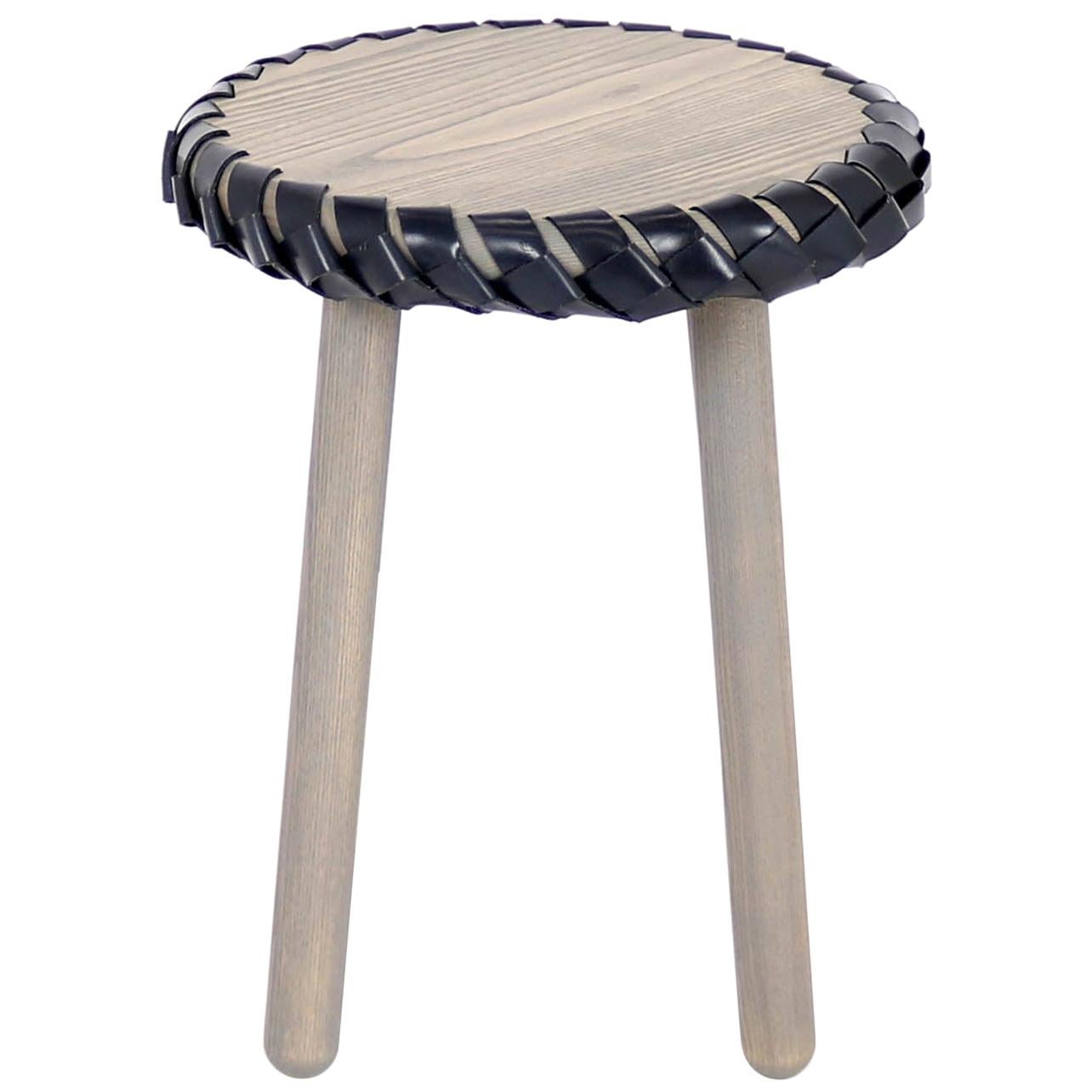Gray Wood Stool/Table Braided with Navy Leather by Debra Folz