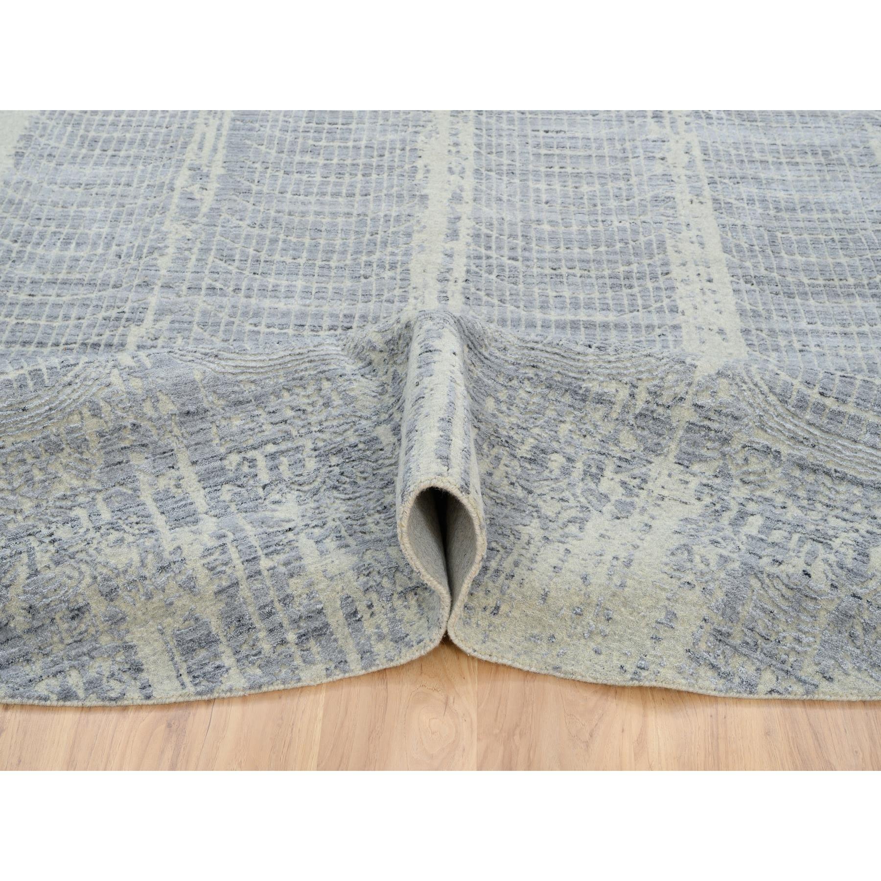 Tapis rond noué à la main en laine grise et jacquard de soie à base de plantes 12'0