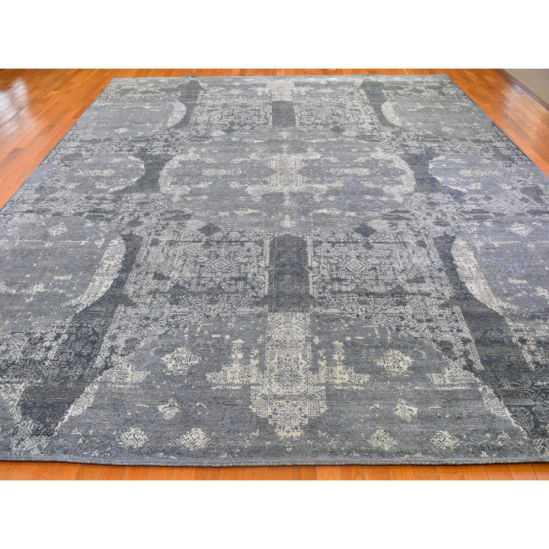 Medieval Gray Wool and Pure Silk Jewellery Design Hand Knotted Oriental Rug 12'0
