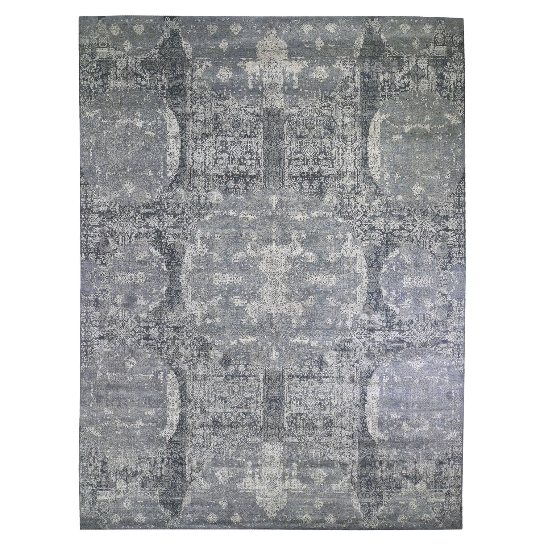 Gray Wool and Pure Silk Jewellery Design Hand Knotted Oriental Rug 12'0" x 15'1"