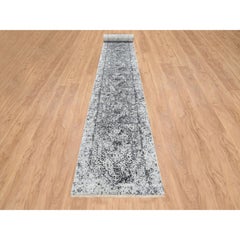 Gray Wool and Silk Hand Knotted Erased Persian Design XL Runner Rug 2'7" x 23'9"