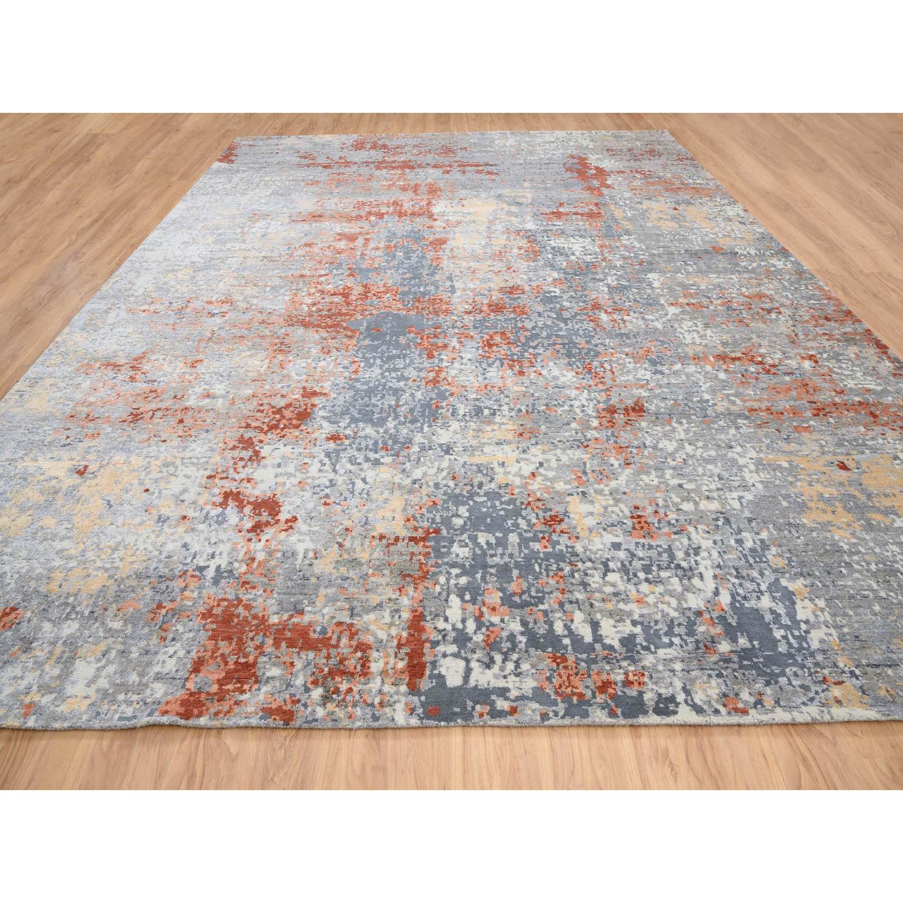 Moderno Tappeto grigio in lana e seta annodato a mano con un design astratto moderno e di grandi dimensioni 12'x15'3