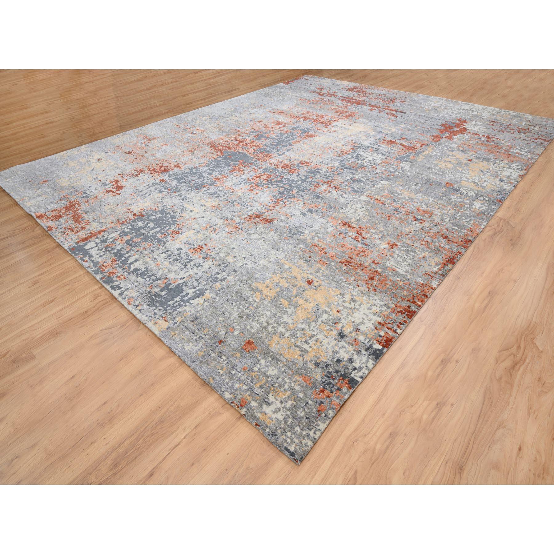 Indiano Tappeto grigio in lana e seta annodato a mano con un design astratto moderno e di grandi dimensioni 12'x15'3