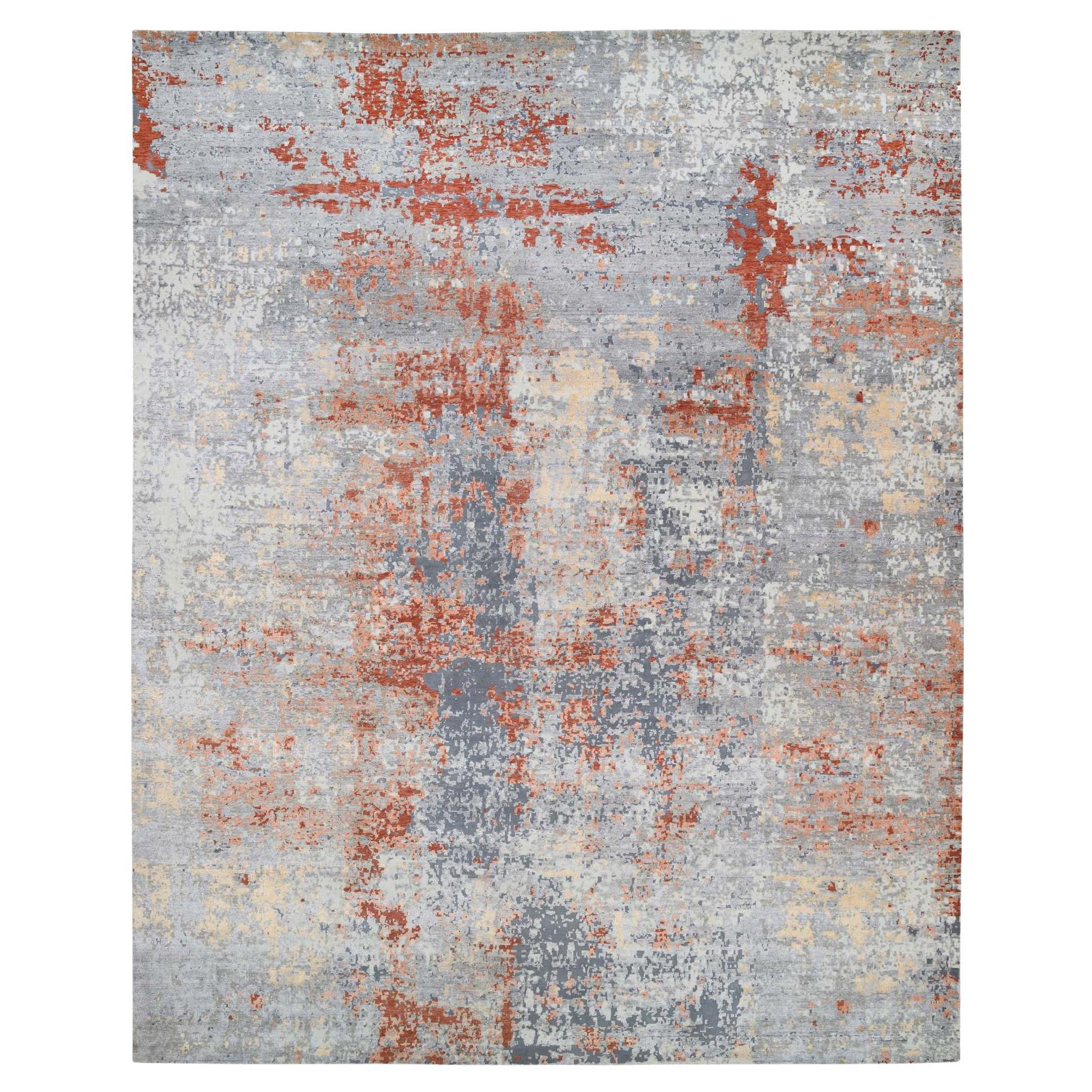 Gray Wool and Silk Hand Knotted Modern Abstract Design Oversized Rug 12'x15'3"