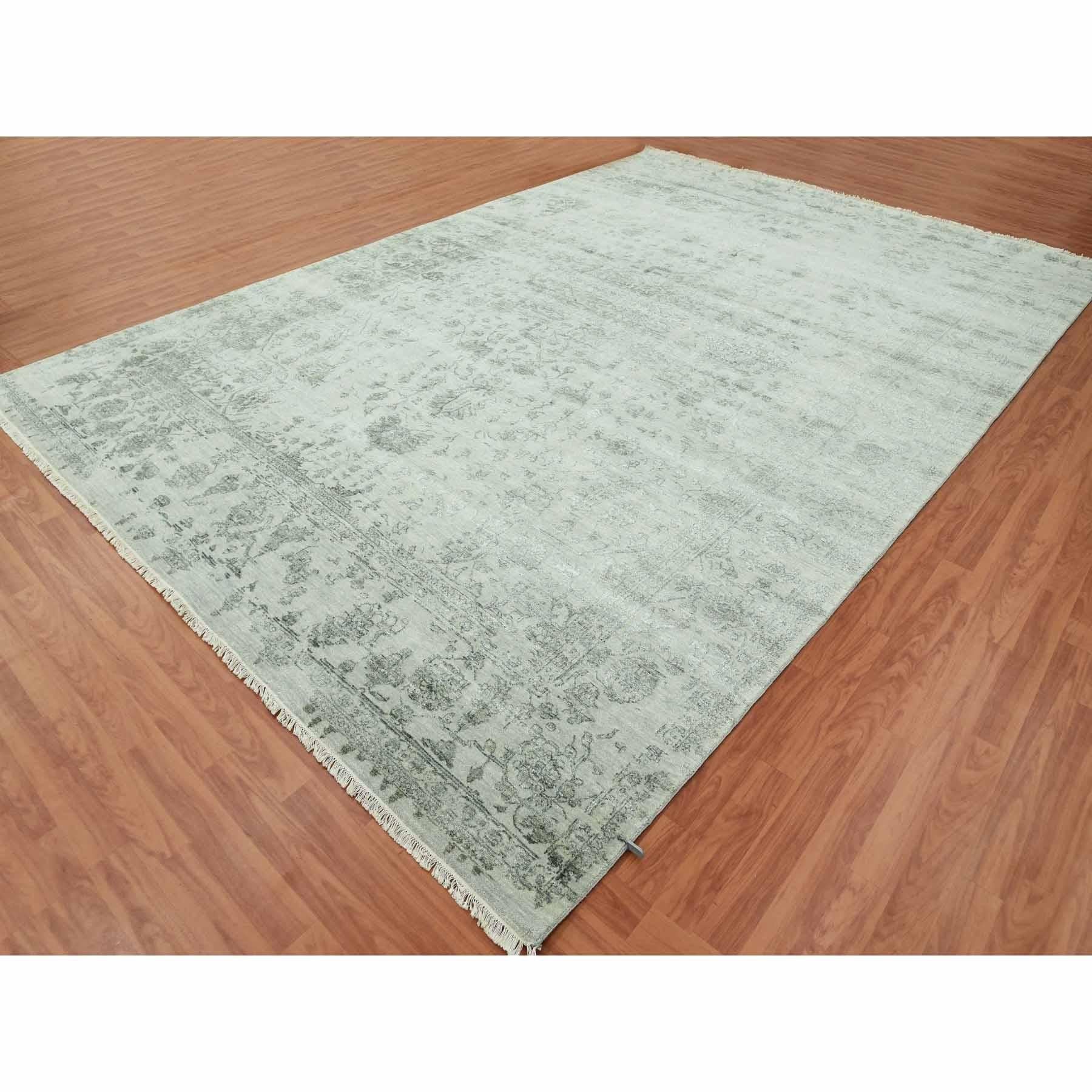 Indiano Tappeto grigio in lana e seta annodato a mano di design persiano Erased Heriz 9'10