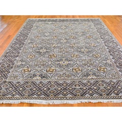 Gray Wool and Silk Mughal Inspired Medallions Design Hand Made Rug 9'1" x 12'