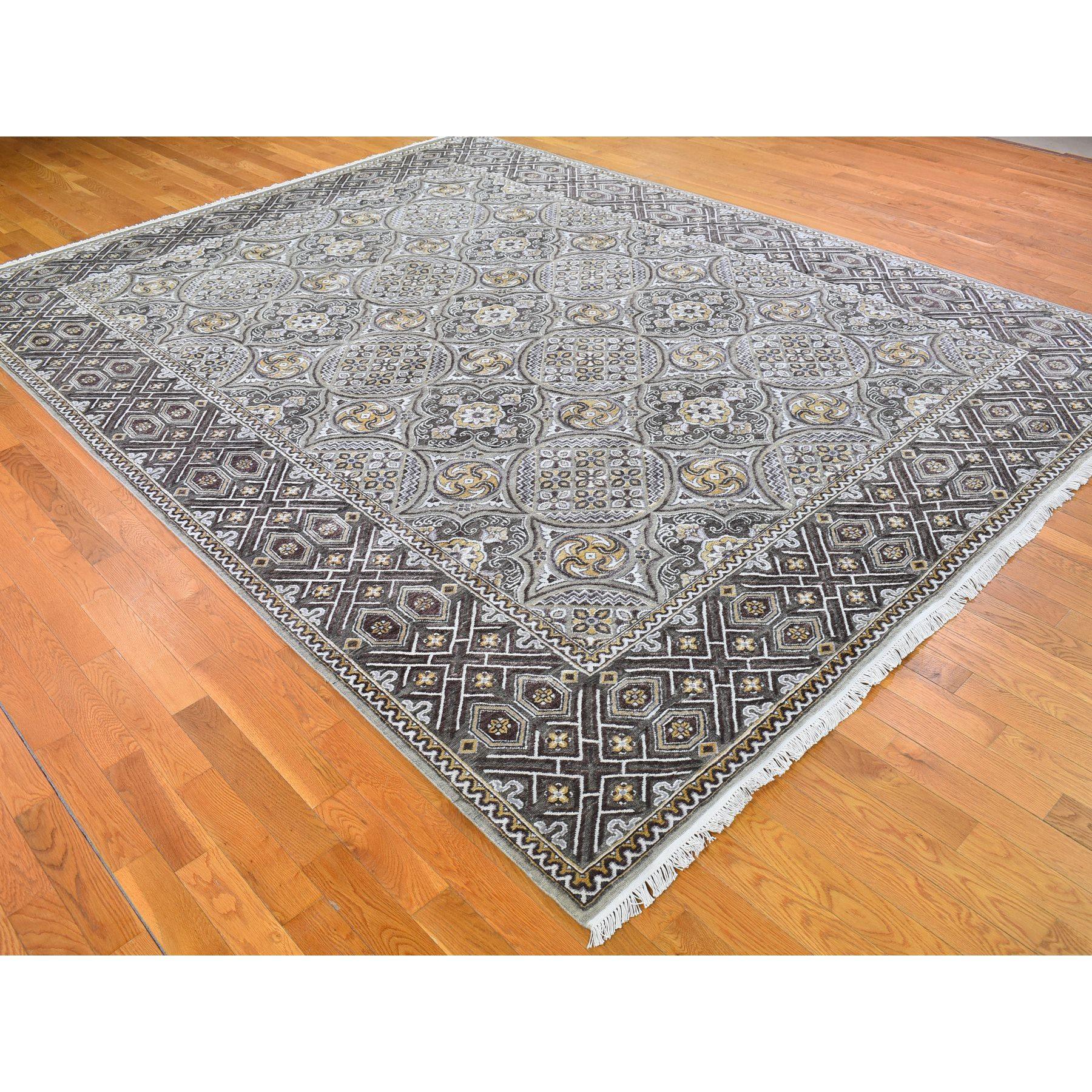 Graue Wolle und Seide Mughal inspiriert Medaillons Design Hand Made Teppich 9'1