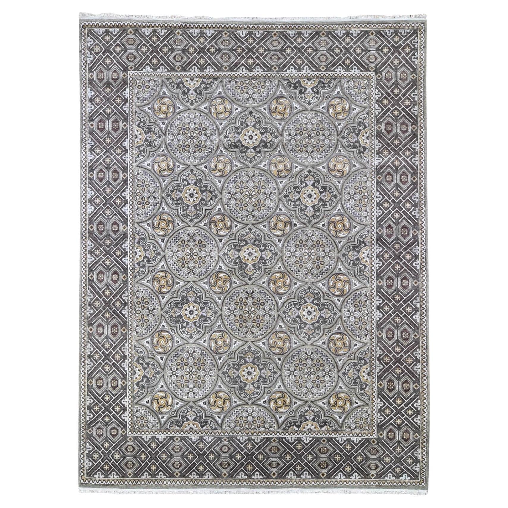 Graue Wolle und Seide Mughal inspiriert Medaillons Design Hand Made Teppich 9'1" x 12'