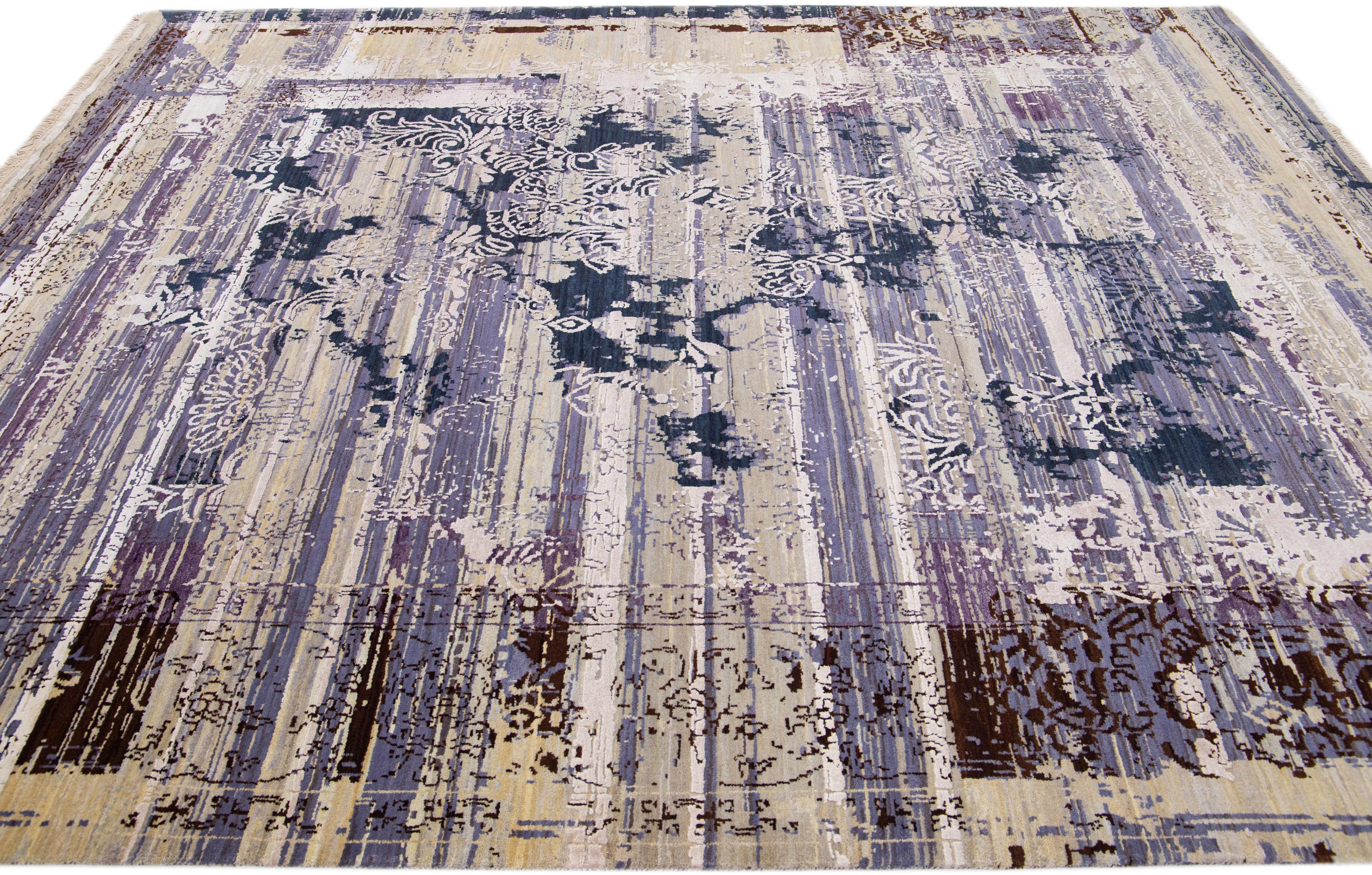 Hand-Knotted Gray Wool & Silk Modern Tibetan Rug Handmade with Allover Design For Sale