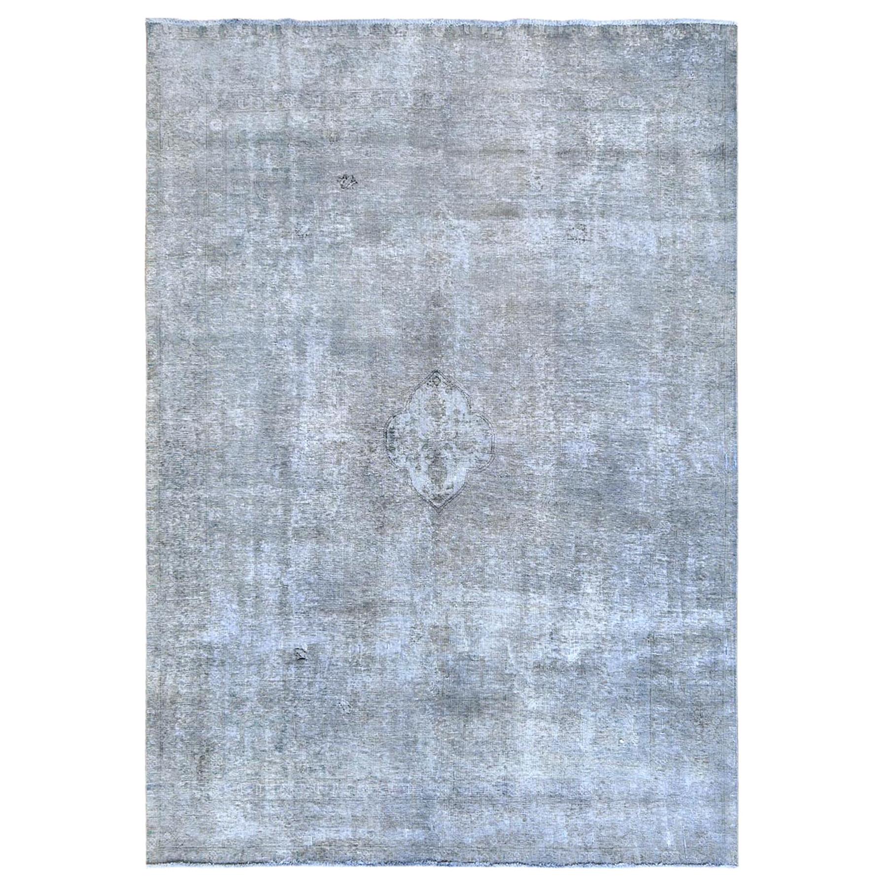 Gray Worn Down Wool Vintage Bohemian Hand Knotted Persian Tabriz Silver Wash Rug For Sale
