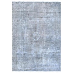 Gray Worn Down Wool Vintage Bohemian Hand Knotted Persian Tabriz Silver Wash Rug