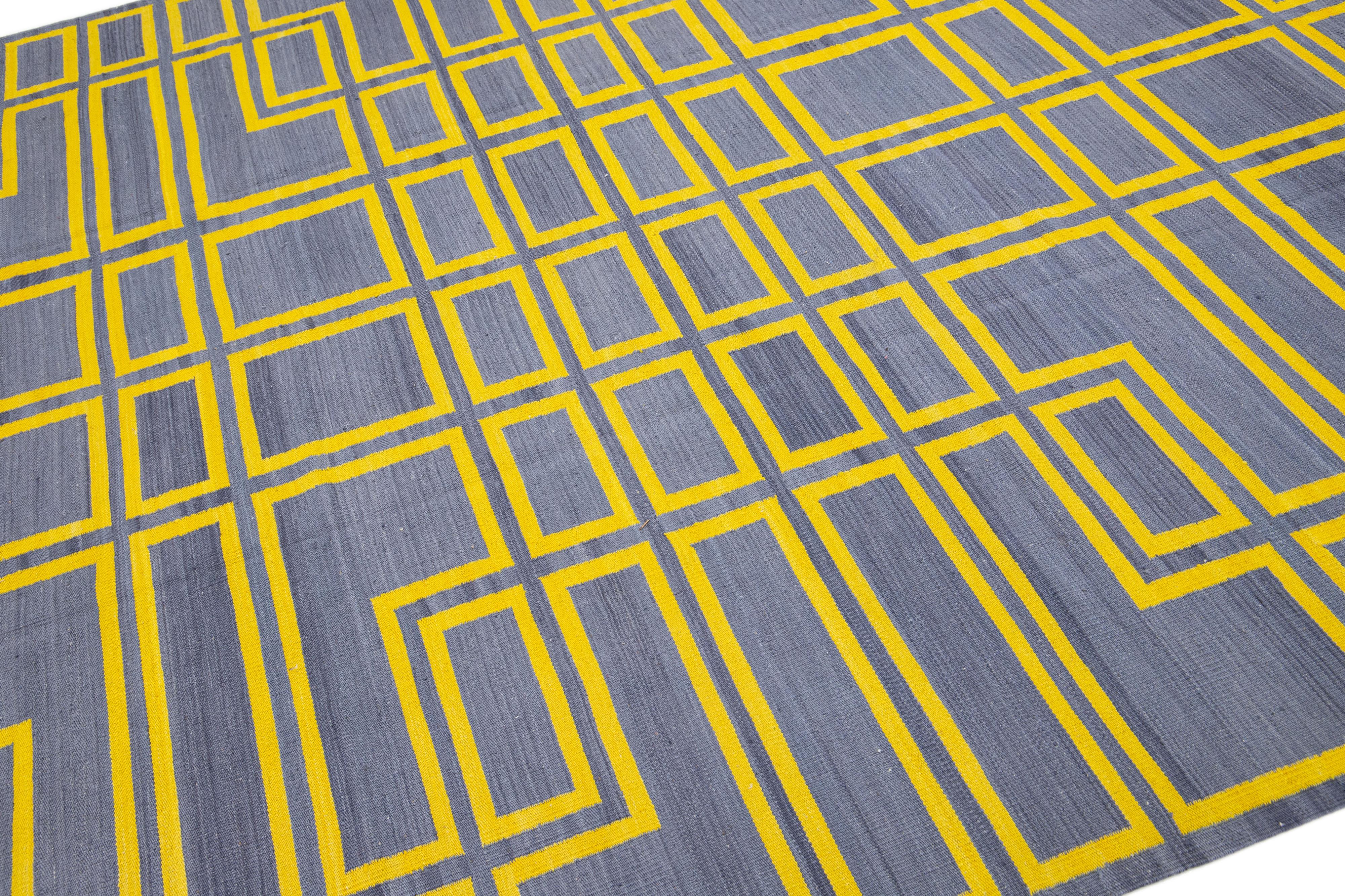Hand-Knotted Gray & Yellow Flatweave Kilim Turkish Wool Rug with Geometric Motif For Sale