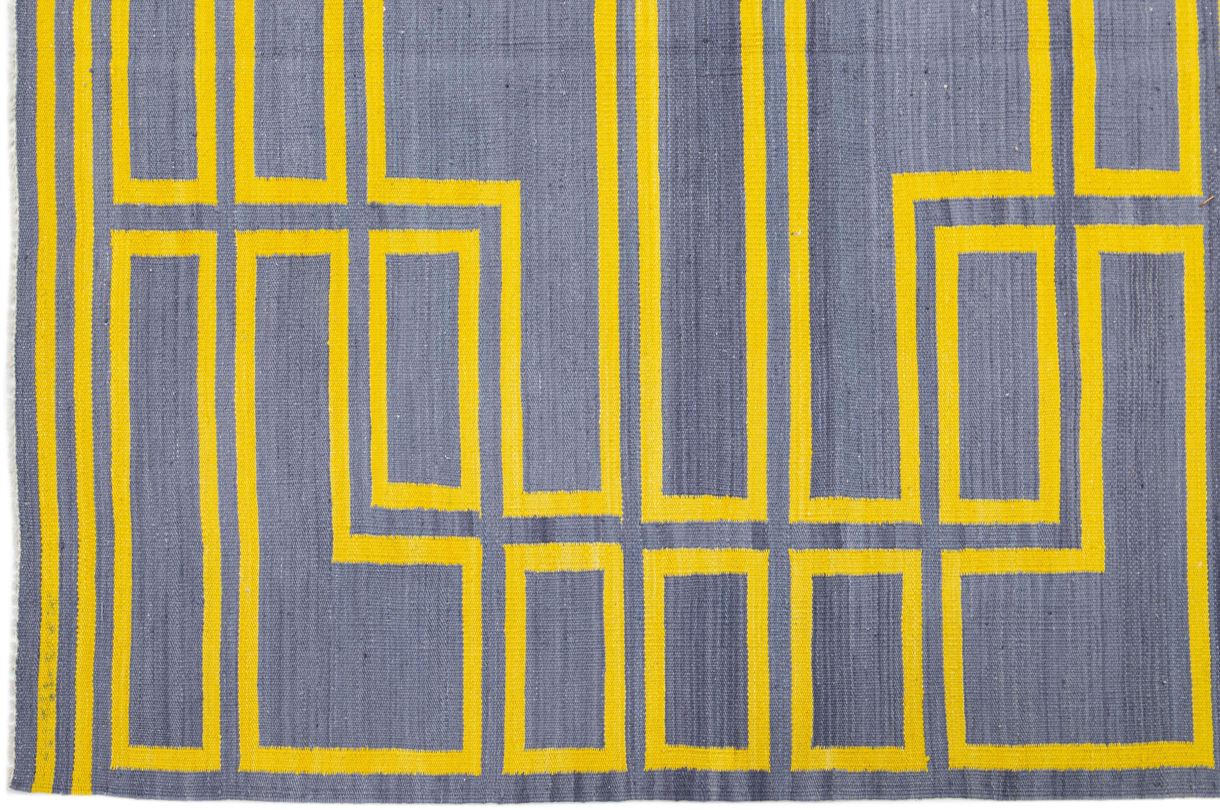 Contemporary Gray & Yellow Flatweave Kilim Turkish Wool Rug with Geometric Motif For Sale